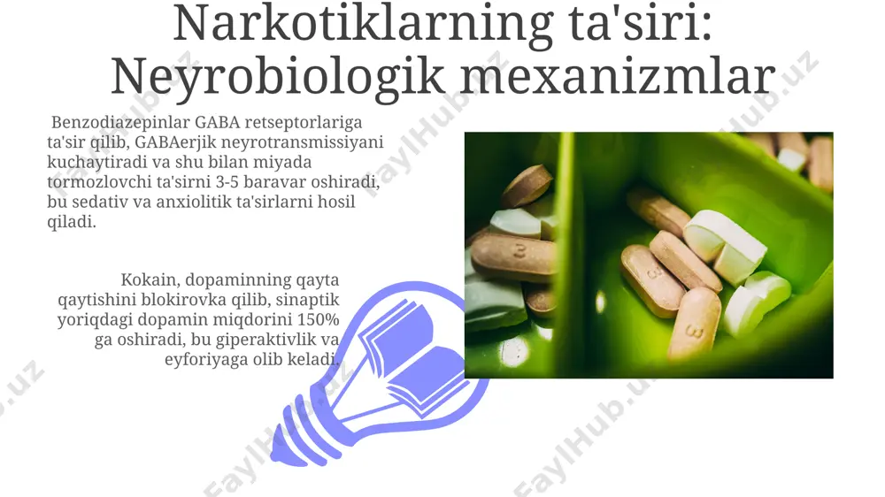 apiyalari, bemorlarning 90% da ijtimoiy moslashuviga va qayta integratsiyasiga olib keladi. metadon terapiyasi kabi o'rinbosar terapiya usullari, bemorning dozani asta-sekin kamaytirish orqali giyohvandlikdan xalos bo'lishiga yordam beradi va 80% muvaffaqiyat ko'rsatkichiga ega. sintetik opiatlar: mexanizmi va xususiyatlari ba’zi sintetik opioidlar, masalan, karfentanil, juda yuqori dozalarida o‘limga olib kelishi mumkin bo‘lgan nafas tizimini to‘liq falaj qilish xavfini tug‘diradi, ld50 ko‘rsatkichi juda past. sintetik opioidlarning bir qismi, ayniqsa, tramadol va kodein kabi, birlamchi og‘riq qoldiruvchi vositalar sifatida ishlatilishi mumkin, lekin ularning giyohvandlik potentsiali yuqori. oldini olish choralarini amalga oshirish 01 02 opiatlarni suiisteʼmol qilishning oldini olish boʻyicha 20 dan ortiq davlat tomonidan qoʻllaniladigan giyohvandlikka qarshi kurash dasturlari samaradorligi 70% ga etadi. sales 1st qtr 2nd qtr 100 0 sales 1st qtr 2nd qtr 100 0 narkotiklarning zararli ta'siri: jismoniy bog'liqlik giyohvand moddalarga jismoniy bog'liqlik, dozani asta-sekin oshirish orqali yuzaga keladi va organizmda toksik moddalarga chidamlilik 5-10 marta oshadi. giyohvandlikka qaramlikka tushib qolganlarning …