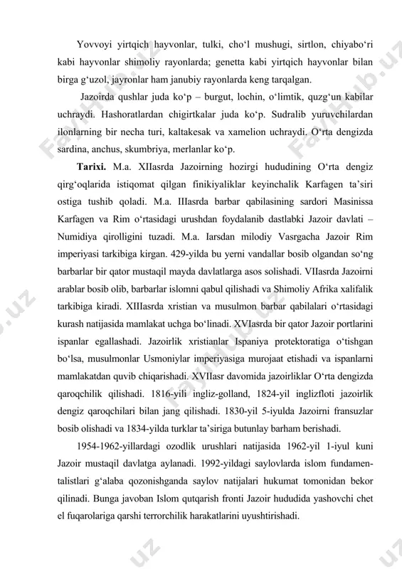 to‘g‘ri keladi. mamlakat hududi aholi g‘oyat notekis taqsimlangan: aholi zichligi shimolidan janubga tomon kamaya boradi. mamlakat shimolida 1km². ga 233 kishi to‘g‘ri keladi. jazoir sahroi kabirida esa 1km². ga 1 kishi to‘g‘ri keladi. davlat tili - arab tili, shuningdek, fransuz tili keng tarqalgan. dini – islom, sunniy mazhabida – 99%, xristianlar - 1%. tug‘ilish har ming kishiga 22,76 ta, o‘lim har ming kishiga 5,22 ta. o‘rtacha umr ko‘rish erkaklarda – 68,6 yosh, ayollarda – 71,34 yosh. yosh tarkibi: 0-14 yoshgacha bo‘lganlar – 34,21%, 15-64 yoshgacha – 61,72%, 65 yoshdan kattalar 4,07% ni tashkil qiladi. iqtisodiy faol aholi – 9,1mln. kishi. shundan qishloq xo‘jaligida – 25%, sanoatda - 11%, qurilish, jamoat ishlarida – 15%, davlat xizmatida – 29%, boshqa sohalarda – 20%. yaim jon boshiga $5500. yirik shahrlari – jazoir, oran, konstantina, annaba. xo‘jaligiga umumiy ta’rif. jazoir sanoati nisbatan rivojlangan agrar mamlakat. jazoir arab mamlakatlari ichida tabiiy gaz, uzum yetishtirish va …