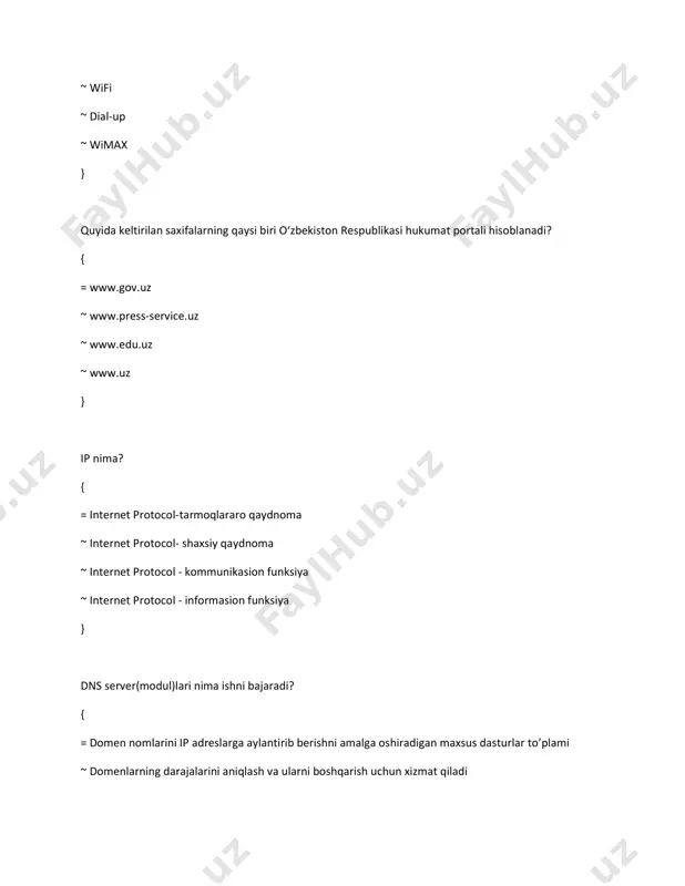 rol, foydalanuvchi nomi oynalari } biz yuborgan (jo’natilgan) xatlar qaysi papkada saqlanadi? { = ~ ~ ~ } user_name@inbox.ru elektron pochta adresi berilgan. bu yerda foydalanuvchi nomini aniqlang? { = user_name ~ inbox.ru ~ ru ~ name } power point da asboblar panelidagi qaychi rasmi tushirilgan tugma bosilsa nima sodir bo’ladi? { = belgilangan matn qiriqib olinadi ~ sahifa bo’linadi ~ oldindan qirqilgan matn qo’yiladi ~ nusxalangan xujjat tuzilmasi hosil bo’ladi } kompyuter internet tarmog'iga ulanishi uchun zarur vositalar va xizmatlar qaysi javobda to’g’ri ko’rsatilgan? { = telefon tarmogi, modem, provayder xizmati ~ telefon tarmogi, skaner, pochta xizmati ~ telefon tarmog’i, modem, printer ~ modem, printer, provayder xizmati } power point da ctrl+p tugmasi qanday vazifani bajaradi? { = faylni bosmaga chiqaradi ~ faylni tekshiradi ~ faylni o’chiradi ~ fayldan nusxa ko’chiradi. } power point da ctrl+z tugmasi qanday vazifani bajaradi? { = bajarilgan oxirgi amalni bekor qiladi ~ fayldan …