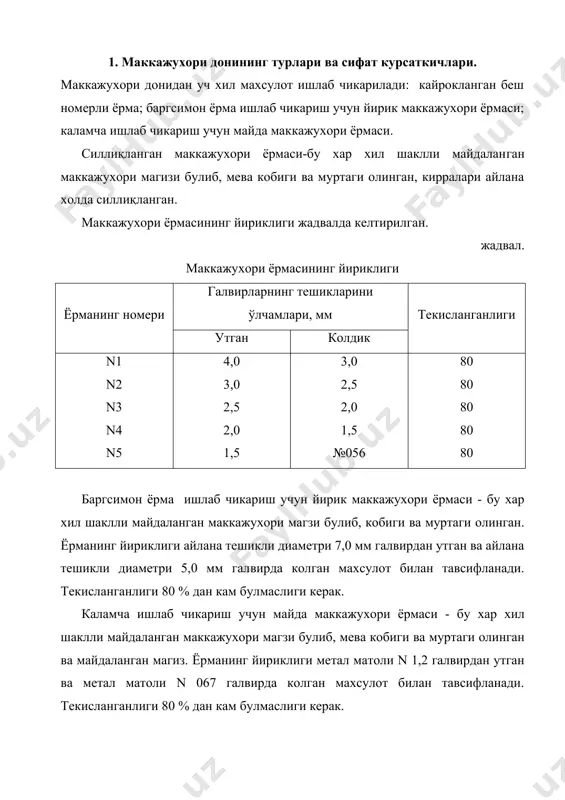 кайта ишлашга тайёрлаш жараёни донни чи​киндилардан тозалаш ва гидротермик ишлов беришдан иборат. кана​ка турдаги махсулот ишлаб чикаришдан катъий назар донни тайёр​лаш схемаси бир хил булиб, факат гидротермик ишлов бериш режими билан фарк килади. маккажухори донидан чикиндилар кетма-кет урнатилган иккита хаволи-галвирли сепара​торларда ажратилади: йирик чикиндилар - айлана тешикли диаметри 12,0 мм галвирнинг колдиги билан ажратилади, майда чикиндилар - айлана тешикли диаметри 5,0 мм ва узун тешикли 2,7х20 мм гал​вирдан утгани билан ажратилади. майда чикиндиларга ривожланма​ган пучак маккажухори дони, синган ва едирилган донлар киради. минерал чикиндилар тош тозалагич машиналарида тозаланади. 3. маккажухори донига гидротермик ишлов бериш. маккажухори до​ни 40 с0 температурали сув билан намланади ёки 0,07...0,10 мпа босим остида 3...5 минут давомида бугланади. ишлаб чикарилади​ган махсулотнинг туридан боглик холда доннинг охирги намлиги 15...16 ёки 20...22% булиши керак. намланган ёки бугланган мак​кажухори дони 2...3 соат давомида намиктирилади. 4. силлиқланган маккажухори ёрмаси ишлаб чиқариш жараёни. тайёрланган маккажухори дони махсус майдаловчи (дежерминатор) машинада май​даланади, каерда …