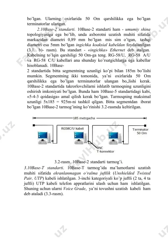 kabellari ana shunday ko’rsatgichlarga ega kabellar hisoblanadi. 10base- 2 standartida bitta segmentning uzunligi ko’pi bilan 185m bo’lishi mumkin. segmentning ikki tomonida, ya’ni oxirlarida 50 om qarshilikka ega bo’lgan terminatorlar ulangan bo„lishi kerak. 10base-2 standartida takrorlovchilarni ishlatib tarmoqning uzunligini oshirish imkoniyati bo’lgan. bunda ham 10base-5 standartidagi kabi, «5-4-3 qoidasiga» amal qilish kerak bo’lgan. tarmoqning maksimal uzunligi 5x185 = 925m-ni tashkil qilgan. bitta segmentdan iborat bo’lgan 10base-2 tarmog’ining ko’rinishi 3.2-rasmda keltirilgan. 3.2-rasm. 10base-2 standarti tarmog’i. 3.10base-t standarti. 10base-t tarmog’ida ma’lumotlarni uzatish muhiti sifatida ekranlanmagan o‘ralma juftlik (unshielded twisted pair, utp) kabeli ishlatilgan. 3-inchi kategoriyali ko’p juftli (2 ta, 4 ta juftli) utp kabeli telefon appratlarini ulash uchun ham ishlatilgan. shuning uchun ularni voice grade, ya’ni tovushni uzatish kabeli ham deb ataladi (3.3-rasm). 3.3-rasm. ekranlanmagan o„ralma juftlik kabeli. bunda o’ralma juftlikning bittasi, kompyuterdan konsentratorga ma’lumotlarni uzatish uchun (tx), ikkinchisi esa konsentratordan kompyuterga ma’lumotlarni uzatish uchun (rx) ishlatilgan (3.4-rasm). bu kabelning uzunligi ko’pi bilan …