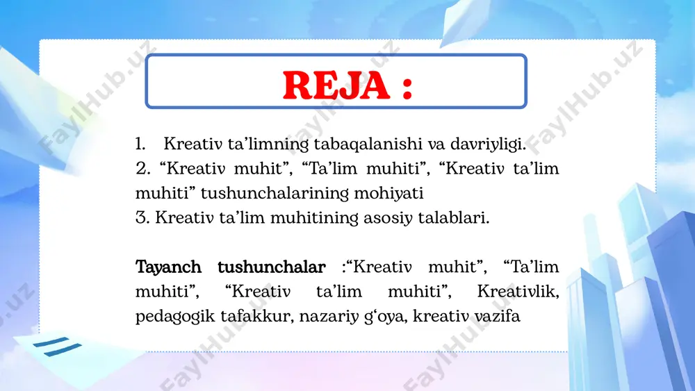 alarni aniq dalillar asosida muhokama qilishni afzal ko‘radi; - muammoning yechimini topishda noan’anaviy yondashuvni tanlaydi. 2. ma’lumki, har qanday ta’limiy jarayonni amalga oshirishda ta’lim muhiti muhim ahamiyatga ega. kreativ ta’lim muhitining asosiy belgilari quyidagialar: -moslashuvchanlik, ya’ni ta’lim tuzilmalarining shaxs, atrof-muhit va jamiyatning o‘zgaruvchan ehtiyojlariga muvofiq tezda qayta qurish qobiliyati; -uning tarkibiy elementlari faoliyatida o‘zaro ta’sir va uzluksizlik orqali ifodalangan uzchillik; -aholining ta’lim xizmatlariga bo‘lgan ehtiyojlariga muvofiq rivojlanayotgan muhitning o‘zgarishini nazarda tutadigan o‘zgaruvchanlik; -uning tarkibiy tuzilmalarining o‘zaro hamkorligini kuchaytirish orqali ta’lim muammolarini hal qilishni ta’minlaydigan integratsiya; -barcha ta’lim subyektlarining boshqaruvda keng ishtirok etishini, ta’lim, tarbiya va o‘zaro hamkorlik shakllarini demokratlashtirishni ta’minlovchi ochiqlik; -o‘quvchilarning ko‘zidan yashiringan o‘qituvchining alohida pozitsiyasi sifatida pedagogik yordam asosida amalga oshiriladigan o‘quv jarayonining barcha subyektlarining birgalikdagi faol muloqotiga o‘rnatish. kreativ muhit kreativ fikirlash ko‘nikmasini shakllantirish amaliy kreativ harakat ko nikmalarini rivojlantirish kreativ faoliyat jarayonlarini tashkil etish ,kreativ mahsulot (ishlanmalar)dan foydalanish, asosiy yo‘llar atrof-muhit bo‘lajak o‘qituvchilarni kreativ sifatlarini shakllantirishning …