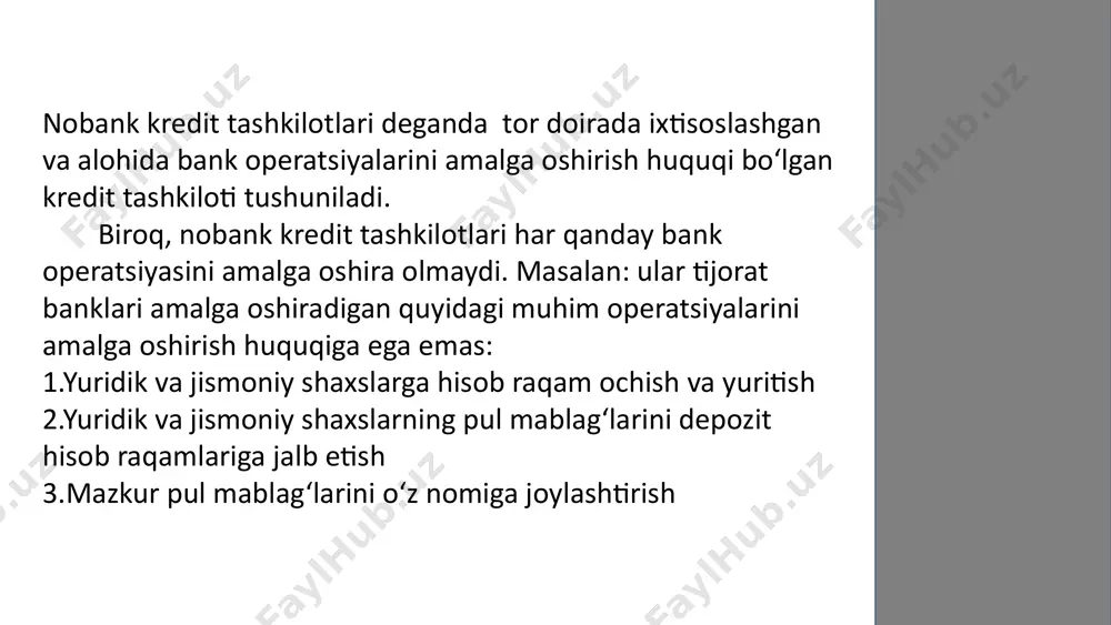 r, ya’ni lizing kompaniyalarida resurslar etishmaydi. ular faoliyatini asosan o‘z mablag‘lari hisobidan moliyalashtirishga majbur. shu sababli ular tijorat banklarining uzoq muddatli kreditlarini keng ko‘lamda jalb qiladilar. o‘zbekiston respupblikasida lizing operatsiyasi bilan tijorat banklari va lizing kompaniyalari shug‘ullanadi. asosiy muammo shundaki, to lizing obyekti lizing-oluvchi tomonidan qabo‘l qilib olinmagunga qadar tijorat banklari lizing kreditiga foiz hisoblay olmaydi. jamg‘arma tashkilotlari (ssuda-jamg‘arma assotsiayasi, o‘zaro jamg‘arma banklari va kredit uyushmalari) sanoati strukturasi va boshqarish tizimi tijorat banklari tizimi bilan ko‘pgina umumiy jihatlarga egaligi hayratlanarli emas. mikromoliyalashtirishni tor va keng ma’noda qarash mumkin. tor ma’noda mikromoliyalashtirish deganda unchalik katta bo‘lmagan kreditlar berish va lizing xizmatini ko‘rsatishga tushuniladi. keng ma’noda esa, mikromoliyalashtirish deganda mikrokredit va mikrolizingdan tashqari mikrojamg‘armalar, mikrosug‘urtalar, pul o‘tkazmalari va konsalting xizmatlari kabi keng tarmoqli moliyaviy xizmatlarni o‘z ichiga oladi. mikrokredit, mikroqarz, mikrolizing berish sohasida xizmatlar ko‘rsatish bo‘yicha faoliyatni amalga oshiruvchi mikromoliyaviy xizmatlar ko‘rsatuvchi yuridik shaxs mikrokredit tashkilotidir. mikrokredit tashkiloti quyidagilar hisobidan mikromoliyaviy xizmatlar …