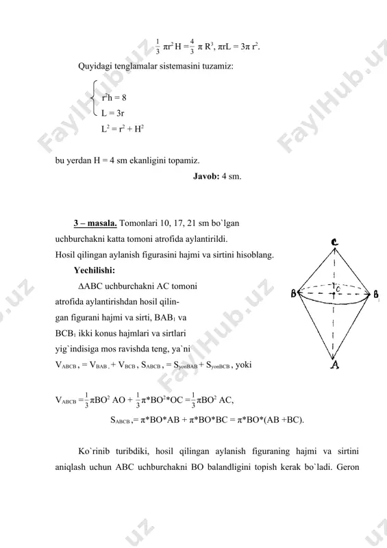k, v = 45π . javob: 45 π. 9 – masala. silindrning yon sirti yoyilganda uning diagonali asos tekisligi bilan 450 burchak tashkil qiladi. silindrning yon sirti 144π2 ga teng. silindr asosining radiusini toping. yechilishi: masala shartidan syon = 144π2 ekanligiga ko`ra, ab · bs = 144π2 ( ab =bc =12 π. silindr asosi aylanasi uzunligi ab ga teng ekanligidan, 2πr =ab, 2πr = 12π demak r =6. javob: 6 10 – masala. radiusi 5 ga teng bo`lgan sharga ichki chizilgan konusning balandligi 4 ga teng. konusning hajmini toping. yechilishi: masala shartiga ko`ra co1=4 (o1o =1 chunki r =5. to`g`ri burchakli ∆o1ob uchbur- chakdan o1b = = . konus asosining yuzi: sacoc= π *o1b2 = 24π. demak konusni hajmi: v = π*o1b2 π*co1 = 32π. javob: 32π. 11 – masala. sharning radiusi ga teng. radiusning oxiridan u bilan 600 li burchak tashkil etadigan kesuvchi tekislik o`tkazilgan. kesimning yuzini toping. yechilishi: …