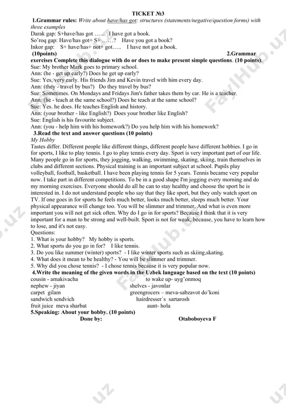 sport? b: well, susan is quite good at athletics, but marion isn't. a: am i the best student in our class? b: no, you are not. i'm the best. a: where are you, simon? b: i'm afraid simon is not here. he is at the shop. 3.read the text and answer questions (10 points) my day off when a school-girl i always envied those students who went to school five but not six days a week, as we did. so you may guess, i had the only day off — sunday. on sunday, i didn't have to hurry anywhere, that's why, i got up at nine or ten o'clock. i wasn't an early riser. i did my bed, washed myself and went to the kitchen. in the kitchen the table had already been laid and i always had something tasty on sunday: fried potatoes, meat salad or my favourite apple …