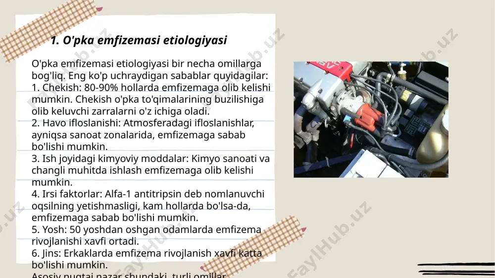 a uchun spirometriya, rentgenografiya va kompyuter tomografiyasi ishlatiladi. o'pka emfizemasining oldini olishda chekishdan voz kechish va shamollashdan himoyalanish muhimdir. ... t.me/slaydai_bot naqsh va simptomatologiya - tibbiyotda kasalliklar yoki patologik holatlarning rivojlanish jarayoni va belgilari. naqsh kasallikning xavf omillari, boshlanishi va evolyutsiyasini ifodalaydi. simptomatologiya esa kasallikning klinik belgilari toʻplamini bildiradi. 1. kozning yalligʻlanishi (kon'yunktivit): - naqsh: begona jism yoki infeksiya - simptomatologiya: yoʻgʻonlik, ogʻriq, qizarish 2. qandli diabet: - naqsh: insulin yetishmovchiligi yoki qarshiligi - simptomatologiya: quruq ogʻiz, kuchli chanqoqlik, charchoq 3. bronxit: - naqsh: virus yoki bakterial infektsiya - simptomatologiya: yoʻtal, balgʻam, nafas olishning qiyinlashishi 4. artrit: - naqsh: autoimmun buzilish yoki yaradan keyin - simptomatologiya: boʻgʻimogʻri, shish, harakat cheklanishi 5. yurak yetishmovchiligi: - naqsh: yurakning qon pompalash qobiliyatining kamayishi - simptomatologiya: nafas qislishi, oyoq shishi, charchoq simptomatologiyaning ahamiyati kasallikni aniqlashda muhimdir. ... t.me/slaydai_bot nafas olish mexanizmlari buzilishi turli sabablar bilan yuzaga kelishi mumkin. bu holat asosan o'pka, nafas yo'llari …