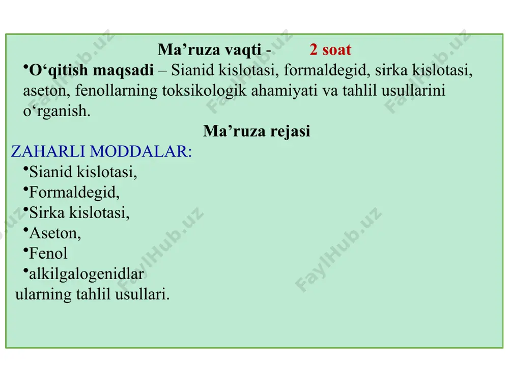 qiladi, yoqsa alangalanadi, o‘tkir achchiq bodom hidli, suv va spirt bilan har qanday nisbatda aralashadi, organik erituvchilarda yaxshi eriydi. solishtirma og‘irligi 15°c da 0,7 ga teng. ochiq havoda juda tez uchadi. hcn tarkibida, uning tautomer shakli - izotsian kislota ham bo‘ladi. bu kislota sianid kislotaga qaraganda ancha zaharlidir. izotsian kislota hcn juda kuchsiz, uning dissotsiatsiya konstantasi 7,2.10-10 ga teng. shuning uchun bu kislota tuzlari nihoyatda tez gidrolizlanadi: tabiatda hcn sof holda uchramaydi. suvli eritmalarda tuzlaridan tashqari sianid kislotani o‘zi ham parchalanadi: hcn va tuzlarining aynan shu xossalari tufayli ashyoviy dalilni darhol tahlil qilish tavsiya etiladi, aks holda biologik ob’ekt tarkibida hcn o‘rniga zaharsiz modda hosil bo‘lib qolishi mumkin. sianid kislotasi ishlatilishi. kcn va nacn – fotografiyada, kalsiy sianamid bilan osh tuzi qorishmasi - kimyo sanoatida qizil va sariq qon tuzlarini ishlab chiqarishda, qishloq ho‘jaligida esa urug‘lik donlarni dorilashda ishlatiladi. sianplav deb ataluvchi modda tarkibi 45% nacn va kcn aralashmasidan iborat. …