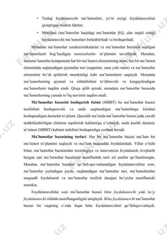 anligini aniqlaydi. bitta foydalanuvchi ma’lumotlar bazasi bir vaqtning o’zida faqat bitta foydalanuvchini qo’llabquvvatlaydi. boshqacha aytganda, agar a foydalanuvchisi ma’lumotlar bazasidan foydalansa, b va c foydalanuvchilari a foydalanuvchisini kutib turishlari kerak. bunga javoban, ko’p foydalanuvchi ma’lumotlar bazasi bir vaqtning o’zida bir nechta foydalanuvchilarni qo’llab-quvvatlaydi. ko’p foydalanuvchi ma’lumotlar bazasi nisbatan kam miqdordagi foydalanuvchilarni (odatda 50 dan kam) qo’llabquvvatlasa, tashkilotning ishchi guruhi ma’lumotlar bazasi deb ataladi. ma’lumotlar bazasi butun tashkilot tomonidan ishlatilganda va ko’plab bo’limlarda (50 dan ortiq, odatda yuzlab) foydalanuvchilarni qo’llab-quvvatlasa, ma’lumotlar bazasi korxona bazasi deb nomlanadi. joylashuv ma’lumotlar bazasini tasniflash uchun ham ishlatilishi mumkin. masalan, bitta saytda joylashgan ma’lumotlarni qo’llab-quvvatlaydigan ma’lumotlar bazasi markazlashtirilgan ma’lumotlar bazasi deb ataladi. bir nechta turli saytlarda tarqatilgan ma’lumotni qo’llab-quvvatlaydigan ma’lumotlar bazasi taqsimlangan ma’lumotlar bazasi deb ataladi. markazlashtirilgan va markazlashtirilmagan (tarqatilgan) ma’lumotlar bazasi ma’lumotlar bazasini amalga oshirish va boshqarish uchun aniq belgilangan infratuzilma (apparat, operatsion tizimlar, tarmoq texnologiyalari va boshqalar)ni talab qiladi. odatda, infratuzilmaga ma’lumotlar bazasini yaratadigan …