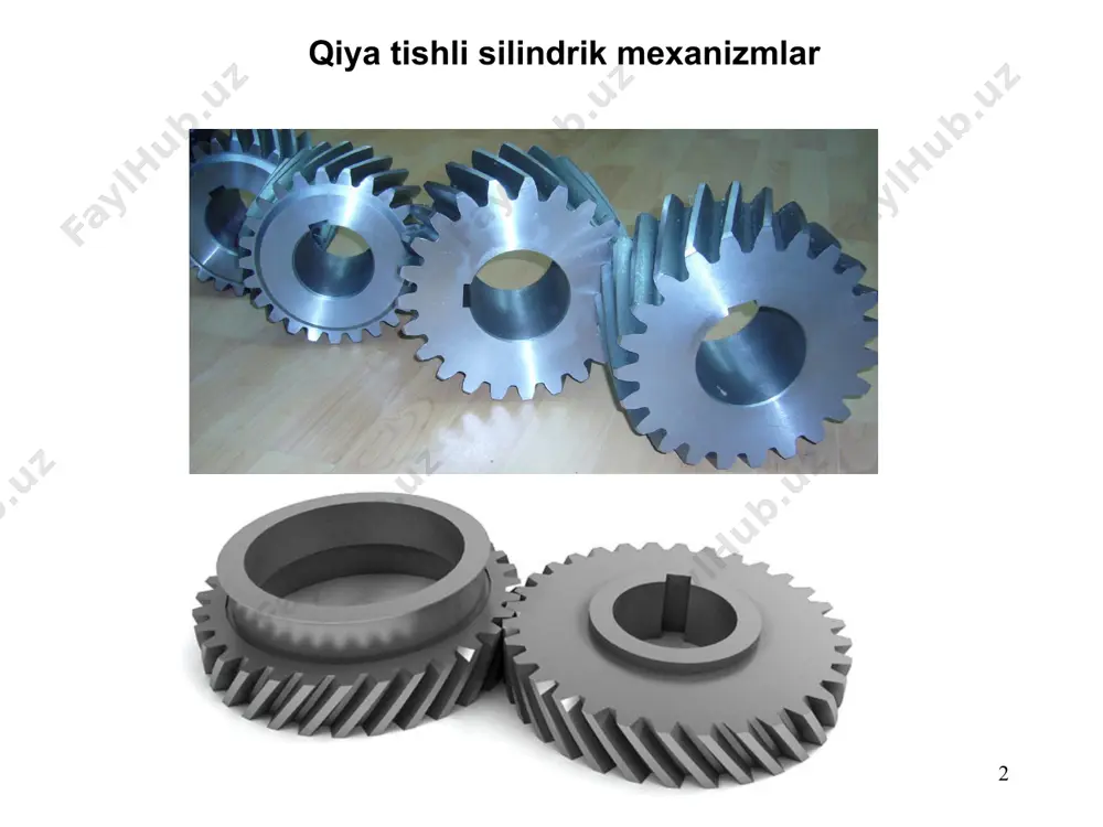 10 kopirlash usuli barmoqli frezalar, yirik modul (m=10...50 mm) li to’g’ri va qiya tishli silindrik va shevron g’ildiraklarning tishlarini kesib ochish uchun qo’llaniladi. diskli frezalar, to’g’ri tishli silindrik g’ildiraklarning tishlarini tozalab, qiya tishli silindrik g’ildiraklar va to’g’ri tishli konussimon g’ildiraklarning tishlarini dag’al kesib ochish uchun qo’llaniladi. 11 bo’lish kallagi yordamida g’ildiraklarni kerakli burchakka aylantirish 12 13 tishlarni ilashish usulida kesib ishlash 14 15 chervyakli g’ildiraklarni radial surish (a) va o’q bo’ylab surish (b) yo’li bilan ochish usullari: 1,3 – chervyakli freza; 2,4 – chervyakli g’ildirak a) b) 16 17 bo’lish kallagi yordamida kopirlash usuli bilah tishlarni ochish 18 53a50 rusumli tish frezalash dastgohi 19 20 21 nazorat savollari konusli uzatmalar qachon ko’llaniladi? konusli tishli uzatmalar tish shakli bo’yicha qanday turlarga bo’linadi? ular qachon ishlatiladi? chervyakli uzatmalar qachon ko’llaniladi? ularning afzalliklari nimadan iborat? konusli tishli uzatmalarning asosiy geometrik parametrlari. tishli g’ldiraklarni qanday ishlash usullarini bilasiz? ularni ta’riflab bering. kopirlash usuli qachon …