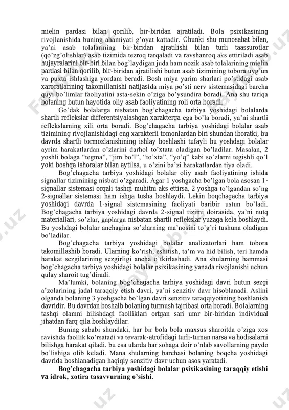 arur bo’lgan juda ko’p ozuqa moddalar o’sishi uchun zarur bo’lgan juda ko’p ozuqa moddalar asosan nondan va dondan (yormalardan) tayyorlangan ovqatlarda bo’ladi. bola shuning uchun ham nonni juda yoqtiradi. lekin bu yoshdagi bolalarni asosan non bilan ovqatlantirish yaramaydi, chunki” non ancha og’ir hazm bo’ladigan ovqatdir. 2 yoshdan boshlab bolaga doimiy ravishda har xil sabzavotlar (sabzi, pomidor, kartoshka kabi ) va mevalar (olma, apelsin, nok, qulupnay, gilos, olcha kabi) yoki shularning sharbatlarini (soki) berib borish kerak. shubhasizki, bog’chagacha tarbiya yoshidagi bolalarning jismoniy jihatdan normal o’sishlari uchun ularga juda ko’p oqsil moddalar kerak bo’ladi. bolalar ko’p miqdordagi oqsil moddalarni sut va sutdan tayyorlangan ovqatlardan hamda go’sht, mol yog’i, tuxum kabi oqsilga boy ovqatlardan oladilar. 1 yoshdan 3 yoshgacha bo’lgan bolalarning jismoniy jihatdan normal va sog’lom o’sishlari uchun oilada ham, yaslida ham ularni qat’iy tartibga asoslanib sifatli ovqatlantirishga jiddiy e’tibor bilan qarash kerak. bog’chagacha tarbiya yoshidagi bola ovqatlanishida yuzaga keladigan ko’p o’zgarishlar bolaning …