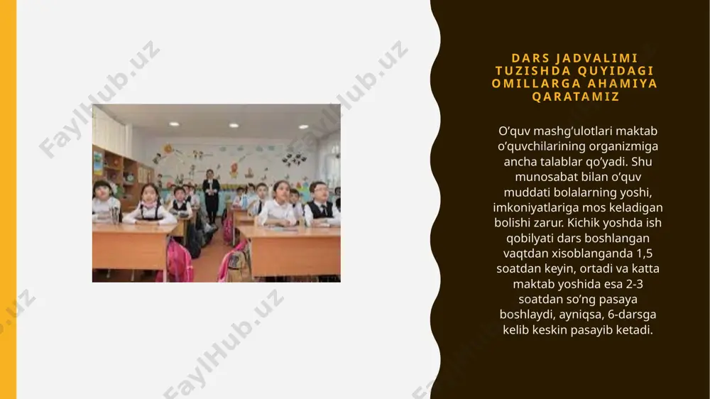 dalariga qatiy rioya qilgan holda oquv texnika vositalarini keng qo’llash; 6. dars materialini tushuntirishda didaktiv o’quv vositalardan; 7. dars oraligida fizkulminutlar o’tkazish; 8. yuqori pedogogik mahoratda darsni tashkil etish, ko’tarinki kayfiyatda tushuntirish va har xil ohangda so’zlash. dars vaqtida aqliy mehnatda charchashni oldini olish choralari: dars jadvali bir necha gigienik talablarga javob berishi lozim, bular: - yoshga mos holda dars soatlarini qoyish: - kop aqliy mehnat talab etadigan predmetlardan song jismoniy mehnat talab etadigan predmetlarni qoyish; - dushanba kuni kop aqliy mehnat talab etadigan predmetlarni kam quyish; - shanba kuni kop aqliy mehnat talab etadigan predmetlarni qoymaslik. dars jadvalini tuzish. sinflarning bir kunlik va haftalik o’quv yuklamasi. o’rta maktablarning o’quv rejasida turli sinflarni haftalik o’quv yuklamasi quyidagicha: dars jadvalida haftalik dars soatlari yuqoridagi miqdorlardan oshmasligi kerak. dars jadvalini tuzish. 1-2 sinflarda 24 soat 3 - sinfda 26 soat 4 - sinfda 29 soat 5-8 sinflarda 30 soat 9-10 sinflarda 32 …