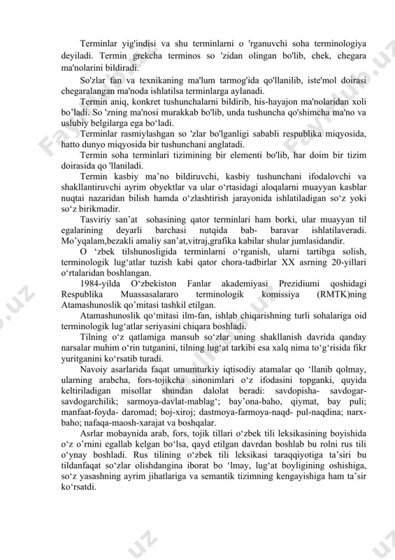 ing (18.03.1075-1144) “muqaddimat ul-adab”(adab ilmiga muqaddima) asari alohida ilmiy ahamiyatga ega. otsiz xorazmshohga bag‘ishlab tuzilgan asardagi arabcha so‘zlar ostida forscha va turkiycha tarjimalarning berilishi o‘zbek tarixiy leksikologiyasi va leksikografiyasi uchun qimmatli hisoblanadi. lug‘at besh qismdan iborat bo‘lib, ot, fe'l, bog‘lovchi hamda ot o‘zgarishlari va fe'l o‘zgarishlari haqida fikr yuritiladi. lug‘at muallifi asarda o‘sha davr arab tilida qo‘llanishda bo‘lgan hamma so‘zlarni, iboralarni qamrab olgan holda izohlashga harakat qilgan, ularning etimologiyasini aniqlashga intilgan. lug‘at arabchadan fors, eski o‘zbek tili (chig‘atoy tili), mo‘g‘ul hamda turk tillariga ilk bor 1706 yilda xoja is’hoq afandi tomonidan usmonli turk tiliga tarjima qilingan. zamaxshariyning mazkur asarida she'rshunoslik, uslubshunoslik xususida ham baxs yuritilgan. badiiy tasvir vositalariga aniq, lo‘nda izohlar keltirilgan. chunonchi, kinoya va tarz badiiy san'atlari orasidagi farq ko‘rsatib berilgan. o‘zbek terminologiyasi va leksikografiyasining qaror topishida x1v asrga oid arab tilida yozilgan grammatik(filologik) risolalarning sezilarli o‘rni borligi turkologiyada allaqachon e'tirof etilgan. yangicha ma'no qirralari bilan boyigan terminlarga senat, …