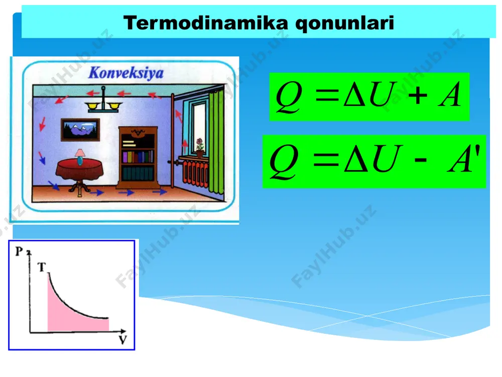 ner giyasining o'zgarishi necha joul bo'ladi? a) 0. b) 100. c) 200. d) 500. 3.3. gazga 40 kj issiqlik miqdori berilganda, u 60 kj ish bajardi. gaz ichki energiyasining o'zgari shini toping (kj). a) 60. b)-60. c) 20. d)-20. t r m i q d = m 2 3.11.massasi 4 kg bo'lgan geliyni izoxorik ravish da 200 к ga qizdinsh uchun necha megajoul issiq lik miqdori kerak? a) 4. b) 2,5. c) 1,25. d) 2,75. 3.17. gaz izotermik kengayganda 20 j ish bajar di. gazga qancha issiqlik miqdori berilgan (j)? a) 20. b) 30. c) 40. d) 50. % 100 1 2 1 t t t - = h 3.51. ideal issiqlik mashina isitkichining harorati 117°c, sovitkichiniki 27°c. mashinaning fik ni to - ping (%). a) 23. b) 33. c) 70. d) 30. const p = v p i v p v p i q d + = d + …