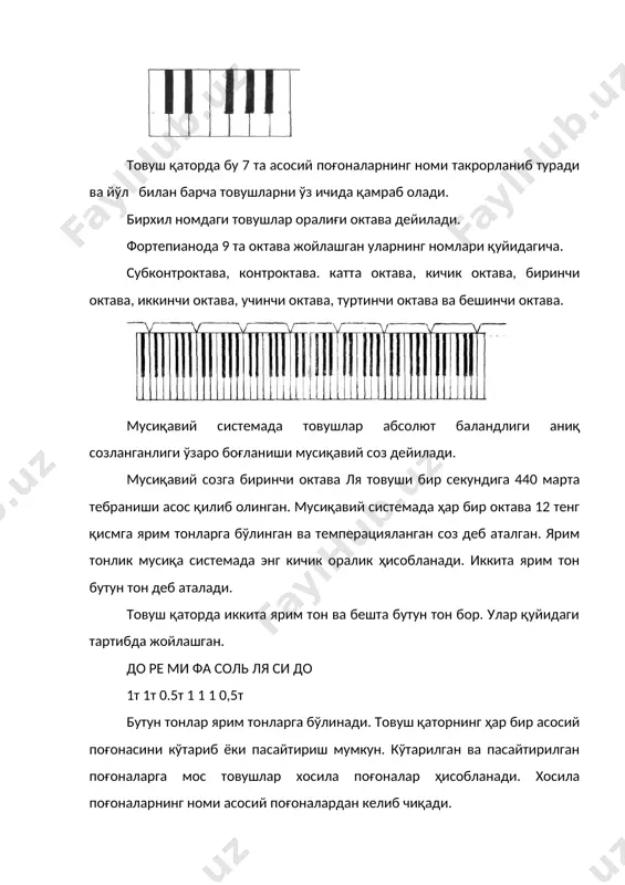 иатоник ва хроматик. ярим тонлар ва бутун тонлар. товуш қаторнинг ёнма-ён жойлашган икки поғонаси орасида хосил бўлган ярим тонга диатоник ярим тон дейилади. буларга ми-фа ва си-до лар киради. кўтарилган ёки пасайтирилган хосила поғоналар орасида ҳам диатоник ярим тонлар хосил бўлади. масалан: хроматик ярим тон деб асосий поғона кўтарилса ёки пасайса орасида ярим тон хосил бўлганда айтилади. масалан диатоник бутун тонлар деб до-ре, ре-ми, фа-соль, соль-ля, ля-си оралиқларга айтилади ва булардан ташқари иккита хосила поғона орасида ҳам пайдо бўлиши мумкун. масалан: хроматик бутун тонлар деб асосий поғона икки баравар кўтарилиши ёки пасайиш натижада хосил бўлганда айтилади. масалан. ҳарфий система. амалиётда товушлар бугин билан ёзилишидан ташқари, лотин алфавити асосида ҳарф билан ёзилади. масалан: с д е ғ g а н до ре ми фа соль ля си хосила поғоналарни ёзиш учун ҳарфларга қўшимча бўғинлар кўшилади. масалан: is-диез, cis-до диез isis-дубль диез, des-ре бемоль еs-бемоль, fisis-фа дубль диез еses-дубль бемоль, geses-соль дубль …