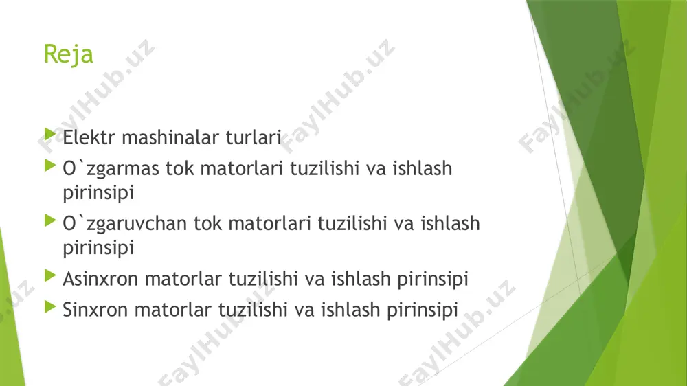 tirilgan rotorli asinxron mator(asm) 2.faza rotorli asinxron matorlar tog‘-kon sanoatida ishlaydigan tegirmonlar, turbokompres­sorlar va turbobosim xaydagichlarda sds-19-56-40, 4000, 2500, 1250 kvt li, std-1250, std-3200 1250 va 3200 kvt li sinxron motorlari ham kichik aylanish tezligiga ega bo‘lib, rotori ayon qutbli shaklda bo‘ladi. ammo ushbu sinxron motorlar vali gori­zontal holatda joylashtirilgan. tog‘-kon sanoati korxonalarining sinxron mashinalari katta guruxini quvvati birnecha mwtgacha bo‘lgan ventilyatorlar, tegir-monlar, nasoslar va aylanish tezligini boshqarish talab etil­maydi­gan boshqa sinxron motorlari tashkil etadi. misol tariqa­si­da, sdn2 seriyadagi motorni ko‘raylik. bu seriyadagi motor­larni rotor aylanishi tezligi 300 dan 1000 ay/min gacha va quvvati 315 dan 4000 kvtgacha, stator chulg‘ami kuchlanishi 6 yoki 10 kv, chasto­tasi 50 gs bo‘lgan motorlar tashkil etadi etiboringiz uchun raxmat image1.png image2.png image3.png image4.png image5.png image6.png image7.png image8.png image9.png image10.png image11.png image12.png image13.png image14.emf image15.emf image16.emf image17.emf image18.emf sirpanish 𝑠− bu o’zgaruvchan tok mashinasi statori magnit maydon aylanish chastotasi bilan rotorning aylanish chastotasi orasidagi farqning …
