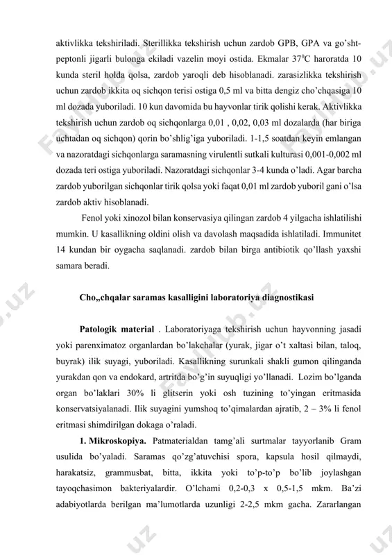 iya. patmaterialdan tamg’ali surtmalar tayyorlanib gram usulida bo’yaladi. saramas qo’zg’atuvchisi spora, kapsula hosil qilmaydi, harakatsiz, grammusbat, bitta, ikkita yoki to’p-to’p bo’lib joylashgan tayoqchasimon bakteriyalardir. o’lchami 0,2-0,3 x 0,5-1,5 mkm. ba’zi adabiyotlarda berilgan ma’lumotlarda uzunligi 2-2,5 mkm gacha. zararlangan yurak klapanlaridan tayyorlangan surtmada uzun iplar shaklida joylashadi (83,84-rasm). fluoressentli zardoblar bilan ham bo’yash mumkin. lyuminissentli mikroskopiyada saramas qo’zg’atuvchisi intensivligi uch nishondan (+++) kam bo’lmagan maxsus nur-lanish paydo qiladi. 2. bakteriologiya. patologik materialdan gpb, gpa, gpj larga ekiladi. ekmalar 370c da 18-24 soat termostatda o’stiriladi, o’sish bo’lmasa, yana 24 soatga qoldiriladi. e.rhusopathiae aerob, mikroaerofil (5-10% co2 da yaxshi o’sadi). gpb da – muhit yengilgina loyqalanadi. 48-72 soatdan keyin tinib, probirka tubida cho’kma hosil bo’ladi. qoqib ko’rganda nozik bulut shaklida ko’tariladi. gpa da saramas qo’zg’atuvchisi mayda, shaffof, shudringsimon koloniyalar hosil qiladi (s- shakli). r- shaklda – yirik, yuzasi notekis, chetlari o’simtali koloniyalar – (kasallik surunkali o’tganda) paydo bo’ladi. ba’zan oraliq koloniyalar ham hosil …