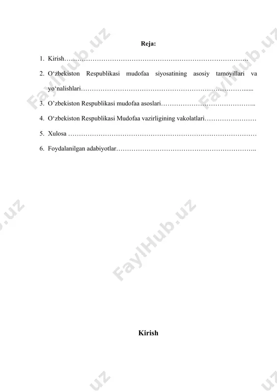 a sanoati kompleksi korxonalari va ishlab chiqarish tashkilotlari majmuasini yaratish hamda boshqarish, shuningdek, yangi ishlab chiqarish tizimini, xususan xorijiy sheriklar bilan hamkorlikda tashkil etish yo‘li orqali rivojlantirish; o‘zbekiston respublikasi qurolli kuchlarining qurol-yarog‘, harbiy texnika, harbiy-texnik va kiyim-kechak jihozlari, oziq-ovqatning ayrim turlari, maxsus jihozlar va harbiy va ikki maqsadda foydalaniladigan boshqa moddiy-texnik vositalari bilan jihozlanishini va ta‘minlanishini tashkil etish; o‘zbekiston respublikasi mudofaa siyosatining asosiy tamoyillari va yo‘nalishlari mustaqillik yillarida mamlakatimiz xavfsizligi va barqarorligi, uning sarhadlari dahlsizligini ta’minlash bo‘yicha taktik va strategik vazifalarni samarali hal etishga qodir bo‘lgan, zamonaviy, harakatchan, har tomonlama yaxshi qurollangan armiyani tashkil etish bo‘yicha o‘zining ko‘lami va miqyosiga ko‘ra ulkan ishlar tizimli va bosqichma-bosqich ravishda amalga oshirildi. 2018 yilning 9 yanvarida — o‘zbekiston respublikasining yangi tahrirdagi mudofaa doktrinasini qabul qilish orqali mamlakat mudofaa siyosatining shaffofligini ta’minlash ko‘zda tutilgan. 2017-2021 yillar uchun harakatlar strategiyasi dasturida[footnoteref:2] belgilangan vazifalarni amalga oshirish maqsadida qabul qilingan ushbu doktrinada mamlakatimizning harbiy qurilishi va qurolli …