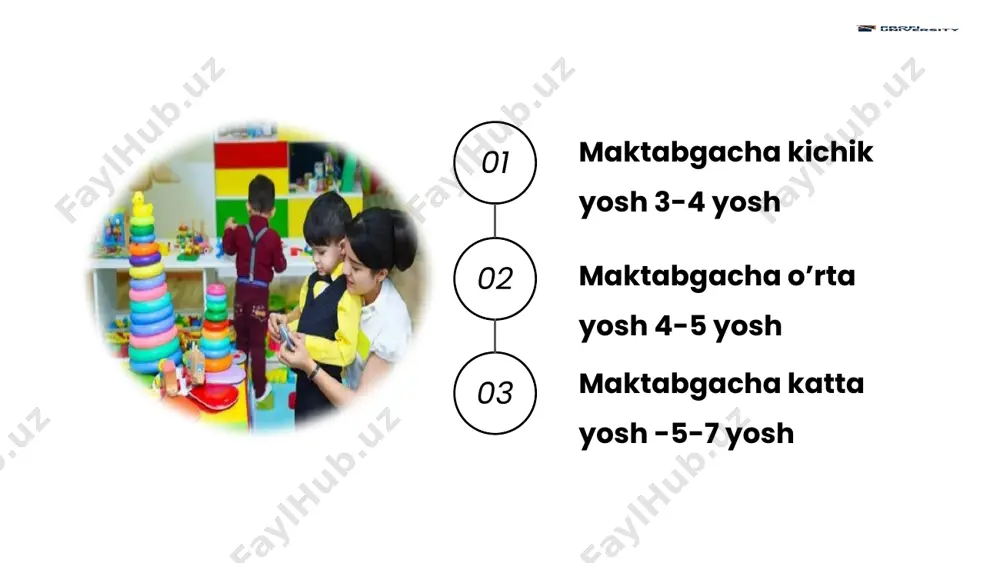 an munosabat usullari shakllanadi, his va didlari tarbiyalanadi. 04 didaktik o'yinlar ta’limiy o‘yin sifatida bolalarning yosh xususiyatlariga mos keladigan o‘yinlar sirasiga kiradi. didaktik o‘yinlarning muhim belgisi undagi qoidalarning mavjudligidir. o‘yinda o'yin niyati, o'yin qoidalari, o‘yin harakatlari o‘rtasida uzviy aloqa mavjud. o‘yin niyati o‘yin harakatlarining tabiatini belgilaydi. o‘yin qoidasi esa, o‘yin harakatlarini, vazifasini hal etishga va o‘yindagi harakatlarni amalga oshirishga yordam beradi. didaktik o‘yinlarda quyidagi qoidalarga amal qilinishi kerak: 1) navbatma-navbat ta'sir etish; 2) so'ralganda javob berish; 3)o’rtoqlari fikrini eshita olish; 4) o'yin jarayonida boshqalarga xalaqit bermaslik; 5) o ‘yin qoidasini bajarish; 6) o‘z xatosini tan olish. “kimga nima kerak?” о‘yini о‘yinning maqsadi: bolalarni qisqa jumlalar tuzib ,sо‘zlashga о‘rgatish. о‘yin uchun jihozlar: bolaga kerakli matolar, mehnat quroli va shu kabi narsalar stol ustiga aralashtirib qо‘yiladi. о‘yinni о‘tkazish:tarbiyachi stol ustidagi bor narsalarni bolalarga kо‘rsatib, tanishtirib chiqadi, va hozir biz sizlar bilan “kimga nima kerak?” о‘yinini о‘ynaymiz, deydi. bolalardan birini stol yoniga chaqirib, …