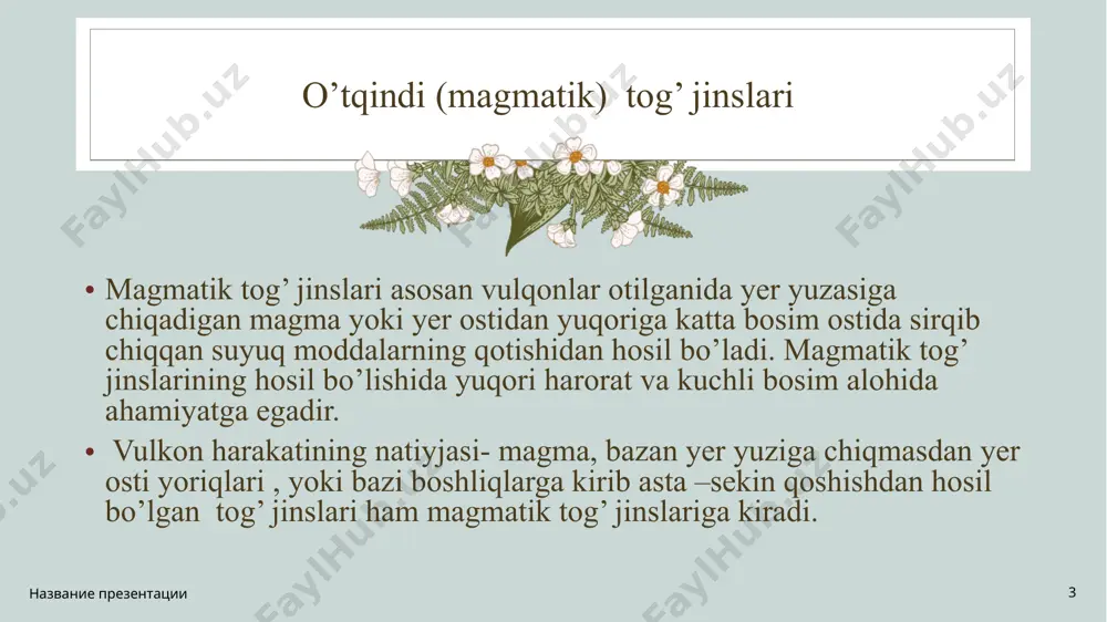 bini elash (a) va sedimentatsiya (b) usulida aniqlash. заголовок презентации 11 1-shisha tayoqcha; 2-ip; 3-silindrik idish; 4-shisha lappak( disk); 5-o’lchov mikraskopi. sedimentatsiya usuli bilan aniqlash uchun juda kop turdagi asboblar bor. bular ichida eng soddasi figurovskiy tarozisidir. figurovskiy tarozisi shisha tayoqcha(1), ip(2), osilgan shisha lappak(disk) (4), silindrik idish (3) va o’lchov mikraskopidan(5) iborat. silindrik idishga (3) yaxshilab aralashtirilgan. tog’ jinslarining g’ovakligi tog’ jinslari ichidagi boshliklar ularning g’ovaqligini bildiradi. g’ovaqlik uz navbatida g’ovaqlilik koefitsienti bilan harakatlanadi. tog’ jinsi ichida hamma boshliqlar hajmining (v bosh) umumiy tog’ jinsi hajmiga (vy) bolgan nisbati to’liq (yoki mutloq) g’ovaqlik koeffitsienti deyiladi. m название презентации 12 bu yerda: m- g’ovaklik koeffitsienti; -tog’ jinsidan yasalgan namuna ichidagi boshliqlarning umumiy hajmi; -namunaning umumiy hajmi. govaklik kanallari o’zlarining kattaligiga qarab neft va gaz qatlamlarida uch turda bo’ladi. название презентации 13 1. yirik kappilyarli kanalchalar- diametri 0,5 mm dan yo’qori. 2. kappilyarli kanalchalar-diametri 0,5 dan 0,002 mm gacha; 3. o’ta …