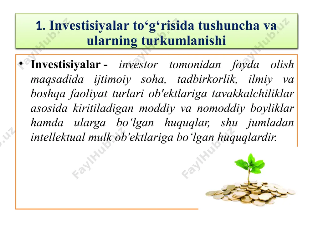 i. 2. investisiyalarni baholash va ular hisobini yuritish 2. investisiyalarni baholash va ular hisobini yuritish boshqa korxonalarning qimmatli qog‘ozlariga, mamlakat hududida va xorijda tuzilgan sho‘ba va qaram xo‘jalik jamiyatlari va boshqa korxonalarning ustav kapitallariga qilingan uzoq muddatli investisiyalar (qo‘yilmalar)ning mavjudligi va harakati hamda boshqa korxonalarga berilgan uzoq muddatli qarzlar to‘g‘risidagi axborotlarni umumlashtirish quyidagi schyotlarda amalga oshiriladi: 0610 "qimmatli qog‘ozlar"; 0620 "sho‘'ba xo‘jalik jamiyatlariga investisiyalar"; 0630 "qaram xo‘jalik jamiyatlariga investisiyalar"; 0640 "chet el kapitali mavjud bo‘lgan korxonalarga investisiyalar"; 0690 "boshqa uzoq muddatli investisiyalar". 2. investisiyalarni baholash va ular hisobini yuritish 0610 "qimmatli qog‘ozlar" schyotida obligasiyalar, aksiyalar va boshqa qimmatli qog‘ozlarga qilingan uzoq muddatli investisiya (qo’yilma)larning mavjudligi va harakati hisobga olinadi. 0620 "sho‘ba xo‘jalik jamiyatlariga investisiyalar", 0630 "qaram xo‘jalik jamiyatlariga investisiyalar", 0640 "chet el kapitali mavjud bo‘lgan korxonalarga investisiyalar" schyotlarida tegishli chet el kapitali mavjud bo‘lgan sho‘ba va qaram xo‘jalik jamiyatlariga qilingan uzoq muddatli investisiyalarning mavjudligi va harakati hisobga olinadi. 2. investisiyalarni …