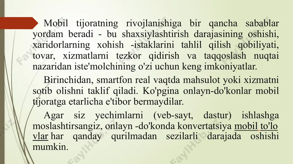 da bo’lgan sheriklar o’rtasidagi biznes munosabatni ifodalaydi. b2b “biznes-istemolchi” modeli. tijorat nuqtai nazaridan b2c “biznes istemolchi” modeli elektron tijoratning eng istiqbolli yo’nalishi hisoblanadi, chunki uning asosini elektron chakana savdo tashkil etadi. b2c tizimlariga quyidagilar taaluqli: savdo kompaniyalarining web-dizayn vositalari yordamida rasmiylashtirilgan web-vitrinalar; internet-magazinlar, ularda, odatda, vitrinadan tashqari internet orqali elektron savdo jarayonini boshqarish uchun kerakli biznes – infratuzilma – back office mavjud; back office lari kompaniyaning savdo biznes – jarayonlari bilan to’la integrasiyalangan internet magazinlargan iborat savdo internet tizimlar. uchchala holda ham internet orqali savdo qilinsada, har bir variant savdo jarayonining turli avtomatlashtirilgan darajasiga ega. xaridorlarga xizmat qilish murakkabligi nuqtai nazaridan turli saviyaga ega, savdo qilishga xarajat ham turlicha. ba’zida elektron biznes va elektron tijorat tushunchalarini aralashtirishadi, ammo ular orasida anchagina farq bor. elektron biznes –faoliyat samaradorligini ko’tarish maqsadida kompaniya asosiy biznes jarayonlarini internet texnologiyalaridan foydalanib amalga oshirishdir. boshqacha aytganda elektron biznes – kompaniyaning ichki va tashqi aloqalarini amalga oshirish …