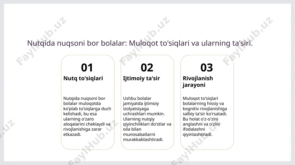 , bu esa do'stlik va o'zaro tushunmovchilikka olib keladi, rivojlanishlariga salbiy ta'sir qiladi. 2 muloqot to'siqlarini bartaraf - o'qituvchilar va oilaning ishtiroki nutqida nuqsoni bor bolalarning muloqot ko'nikmalarini rivojlantirishda muhim ahamiyatga ega, ularni ijtimoiy izolyatsiyadan himoya qiladi. 3 madaniyat va ijtimoiy omillar - o'zbek madaniyati bolalar o'rtasidagi muloqotni shakllantiradi, bu esa nutqida nuqsoni bor bolalarning rivojlanishiga ijobiy yoki salbiy ta'sir ko'rsatadi. foydalanilgan adabiyotlar 1. azimov, a. m. nutqida nuqsoni bo'lgan bolalarning muloqot to'siqlari. o'zbekiston respublikasi fanlar akademiyasi, 2022. 2. marufova, s. shaxslararo munosabatlar va nutq nuqsonlari. o'zbekiston davlat jurnalistika va mashinasozlik instituti, 2021. 3. turaev, n. nutqida nuqsoni bor bolalarda ijtimoiy muloqot. jurnal 4. 2023. 5. xolmatov, s. o'zbekistonda bolalarning muloqot qobiliyatlari va madaniy kontekst. 6. 2020. 7. jumayev, x. bolalar nutqida nuqsonlar va ularning shaxslararo munosabatlarga ta'siri. o'zbekiston ta'limi, 2023. e'tiboringiz uchun rahmat! /docprops/thumbnail.jpeg