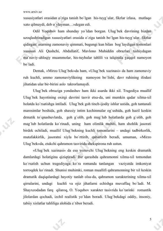 nasi» da esa yozuvchi ulug`bekning eng keskin dramatik damlardagi holatigina qiziqtiradi. bir qarashda qahramonni xilma-xil tomondan ko`rsatish uchun tragediyaga ko`ra romanda tanlangan vaziyatda imkoniyat torroqdek ko`rinadi. shunisi muhimki, roman muallifi qahramonning bir xil keskin dramatik daqiqalardagi hayotiy tanlab olsa-da, qahramon xarakterining xilma-xil qirralarini, undagi kuchli va ojiz jihatlarni echishga muvaffaq bo`ladi. m. shayxzodadan farq qilaroq, o. yoqubov xarakter tasivrida ko`tarinki romantik jilolardan qochadi, izchil realistik yo`ldan boradi. ulug`bekdagi oddiy, insoniy, tabiiy xislatlar tahliliga alohida e`tibor beradi. «ulug`bek xazinasi» dagi ulug`bek – fojiaviy shaxs, ammo uning fojiasi zaminida qandaydir, hayotbaxsh ruh bor, qora kuchlar ulug`bekni taxtidan judo qiladilar, yurtidan badarg`a etadilar, qonini to`kadilar, ammo uning ma`naviy xazinasini yo`qotishga kelganda qo`llari kaltalik qilib qoladi. ulug`bek shu ma`naviy xazinasi, munosib shogirdlari bilan tirik qoladi. asarning syujeti oqimidan shunday ma`no kelib chiqadi. «mirzo ulug`bek»da ham fojianing optimistik tomonini qayd etish bor. biroq u erda o`zgacha, muallif bunday g`oyani ulug`bekning o`lim oldidagi do`stlar qurshovida aytgan …
