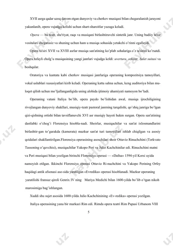 ompozitsiya tamoyillari, vokal uslublari xususiyatlari kirib keladi. operaning katta sahna uchun, keng auditoriya bilan mu-loqot qilish uchun mo’ljallanganligida uning alohida ijtimoiy ahamiyati namoyon bo’ladi. operaning vatani italiya bo’lib, opera paydo bo’lishidan awal, musiqa ijrochiligining rivojlangan dunyoviy shakllari, musiqiy-teatr pastoral janrning tarqalishi, qo’shiq janriga bo’lgan qizi-qishning ortishi bilan tavsiflanuvchi xvi asr musiqiy hayoti hukm surgan. opera san'atining dastlabki o’chog’i florensiya hisobla-nadi. shoirlar, musiqachilar va san'at ixlosmandlarini birlashtir-gan to’garakda (kamerata) mazkur san'at turi tamoyillari ishlab chiqilgan va asosiy qoidalari shakllantirilgan.florensiya operasining asoschilari shoir ottavio rinuchchini (torkvato tassoning o’quvchisi), musiqachilar yakopo peri va julio kachchinilar edi. rinuchchini matni va peri musiqasi bilan yozilgan birinchi florensiya operasi — «dafna» 1594-yil korsi uyida namoyish etilgan. ikkinchi florensiya operasi ottavio ri-nuchchini va yakopo perining orfey haqidagi antik afsonasi aso-sida yaratilgan «evredika» operasi hisoblanadi. mazkur operaning yaratilishi fransuz qiroli genrix iv ning mariya medichi bilan 1600-yilda bo’lib o’tgan nikoh marosimiga bag’ishlangan. xuddi shu sujet asosida 1600-yilda julio …