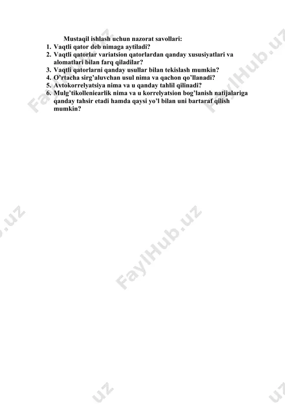 tida stg’yudent mezoni qabul qilinadi. agarda t ≥ tα, bo’lsa, bunda t- stg’yudent mezonining hisoblangan qiymati; tα- mohiyatlilik darajasi α- da jadvaldagi qiymat, unda trendning mavjud emasligi haqidagi gi’oteza inkor etiladi; agarda t < tα bo’lsau holda (n0) gi’oteza qabul qilinadi 2) foster – styuart usuli. hodisaning tendentsiyasi va vaqtli qator darajalarining dis’ersiyasini trendini mavjudligi aniqlanadi. ko’pincha bu usul vaqtli qatorni chuqur (detal nom) tahlil qilishda va uni bo’yicha ‘rognozlarni tuzishda qo’llaniladi mustaqil ishlash uchun nazorat savollari: 1. vaqtli qator deb nimaga aytiladi? 2. vaqtli qatorlar variatsion qatorlardan qanday xususiyatlari va alomatlari bilan farq qiladilar? 3. vaqtli qatorlarni qanday usullar bilan tekislash mumkin? 4. o’rtacha sirg’aluvchan usul nima va qachon qo’llanadi? 5. avtokorrelyatsiya nima va u qanday tahlil qilinadi? 6. mulg’tikolleniearlik nima va u korrelyatsion bog’lanish natijalariga qanday tahsir etadi hamda qaysi yo’l bilan uni bartaraf qilish mumkin? image1.png image2.png