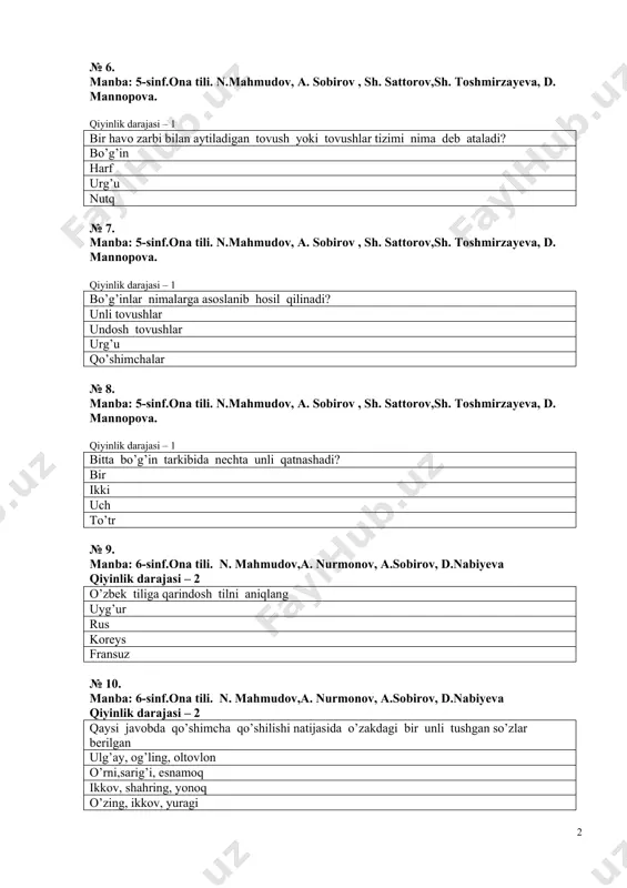 yonoq o’zing, ikkov, yuragi № 11. manba: 6-sinf.ona tili. n. mahmudov,a. nurmonov, a.sobirov, d.nabiyeva qiyinlik darajasi – 2 qaysi javobda faqat o’zakdosh so’zlar berilgan? tinch, tinchlik, tinchlantirmoq, tinchimoq oq, oqla, boshla,qo’lqop qush, qo’shmoq,qalampirmunchoq ishla, ishchan, ishbilarmon, ilgich № 12. manba: 6-sinf.ona tili. n. mahmudov,a. nurmonov, a.sobirov, d.nabiyeva qiyinlik darajasi – 1 yasama so’zlar keltirilgan javobni toping ko’chki, chopqi, gapdon yuksak, yutuq, yumush qushcha, qumursqa, qutlov guldon, tepki,koptok № 13. manba: 6-sinf.ona tili. n. mahmudov,a. nurmonov, a.sobirov, d.nabiyeva qiyinlik darajasi – 2 qaysi javobda qo’shimcha qo’shilganda o’zak qismi o’zgargan so’zlar berilgan? angla, ulg’ay, tomog’i, sana mening, yoqqan, haqi so’rash, noki, bitta tikkan, yoqqan, qorni № 14. manba: 5-sinf.ona tili. n.mahmudov, a. sobirov , sh. sattorov,sh. toshmirzayeva, d. mannopova qiyinlik darajasi – 2 ulus, rasadxona, komsomol,riyoziyot,mudarris, oblast,handasa. ushbu so’zlar ichida qaysi so’z tarixiy so’z sanaladi? komsomol ulus riyoziyot rasadxona № 15. manba: 6-sinf.ona tili. n. mahmudov,a. nurmonov, a.sobirov, d.nabiyeva qiyinlik darajasi – …