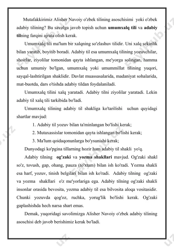 ning shevalardan so'zlar olib boyib borishi ichki manba, boshqa tillardan so'z olib rivojlanishi tashqi manba hisoblanadi. faqat muayyan hududga xos ayrim belgilarini o'zida namoyon qilgan til shakli shevalar hisoblanadi. bir­biriga yaqin bo'lgan shevalar yig'indisi esa lahja deb yuritiladi. dialekt esa gohida sheva atamasi ma'nosida, gohida lahja atamasi ma'nosida keladi: toshkent dialekti (shevasi), qipchoq dialekti (lahjasi) kabi. adabiy til shevalardan fonetik, leksik va grammatik jihatdan ozmi­ ko'pmi farq qiladi. fonetik deganda tovush tomonidan: pabrika – fabrika, man – men, jila – yig'la kabi; leksik esa so'z tomonidan: kalapo'sh – do'ppi, go'sala – buzoq kabi; grammatik deganda so'z shakli yoki qo'shimchalardagi borayapti – borvotti – borutdi kabi farqlar tushunilishi kerak. shevalarning faqat og'zaki shakli mavjud. shevalarning o'ziga xos xusu-siyatlari adabiy tilning ta'siri bilan asta-sekin yo'qolib boradi. o'zbek tili tarkibida uchta lahja bor: 1. qarluq lahjasi (janubiy­sharqiy guruh). 2. qipchoq lahjasi (janubiy­g'arbiy guruh). 3. o'g'iz lahjasi (shimoliy­g'arbiy guruh). qarluq lahjasi asosan shahar shevalarini …