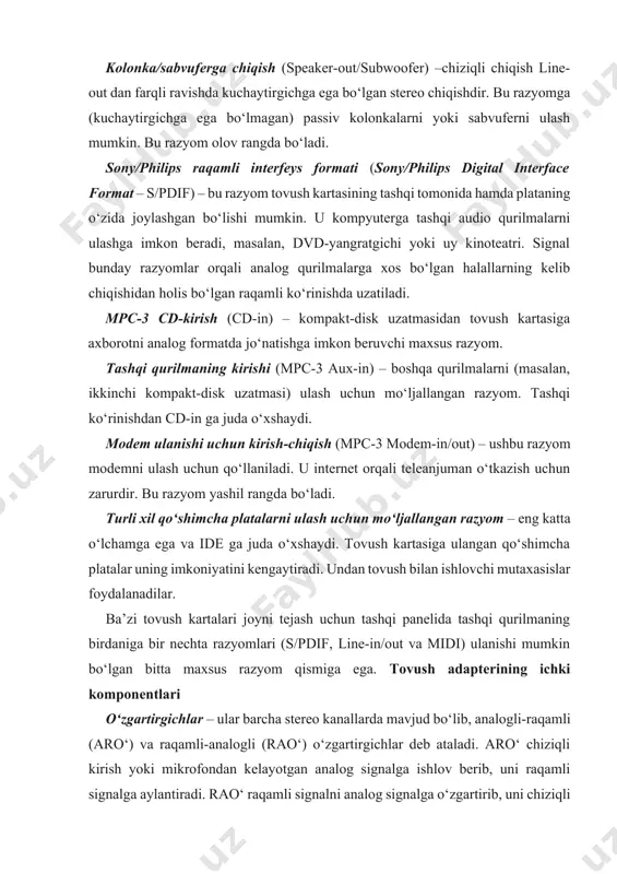 i ulanadi. monitor ichiga joylashtirilgan tovush kolonkalari ham tashqi tovush kolonkalari toifasiga tegishlidir. 4-rasmda tovush kolonkasining 2 ta modeli ko‘rsatilgan. xuddi shunday barcha kolonkalar atigi ikkita tartibga soluvchi (regulator) – tovush balandligi va tembr (yuqori chastotalarni boshqarish) bilan ta’minlangan. ular naushnikni ulash uchun qo‘shimcha razyom qismi bilan ta’minlangan. bu kabi tovush kolonkalarining tuzilishi juda soddadir. plastmassali g‘ilofda 2 ta dinamik kallaklar o‘rnatiladi, ularning biri quyi chastotali, ikkinchisi yuqori chastotali bo‘ladi. kolonkalardan (faol kolonka) birining ichida 220 v tarmoqdan quvvat oluvchi kuchaytirgich mavjud. passiv kolonka shu kuchaytirgich chiqishiga ulanadi. kolonkalarning chastota diapazoni taxminan 100–15000 yoki 80–18000 hz ni tashkil etadi. yanada yuqori sifatli tovush olish uchun, yuqori sifatli kolonkalar yoki dolby digital 5.1, tarkibida sabvufer va beshta kolonka – ikkita old tarafda, ikkita orqa tarafda va bitta markazda bo‘lgan hajmli tovush tizimini qo‘llovchi tovush kartasi zarur (5-rasm). bunday tizimlar, odatda, tovush platasidagi speaker-out/subwoofer (kolonka/ 5-rasm. dolby digital 5.1 hajmli tovushli akustik …
