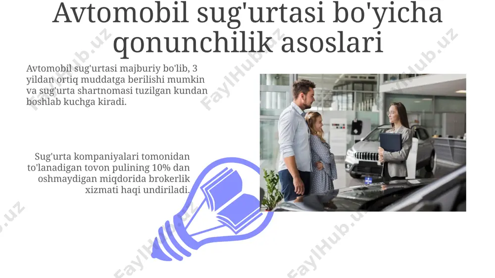 lari va ularning hisoblanishi sug'urta to'lovlari miqdori haydovchining yoshini, haydovchilik tajribasini va avtomashinaning turini hisobga olgan holda, 15% dan 50% gacha o'zgarib turishi mumkin. avtomobil sug'urtasi to'lovlari yillik yoki oylik bo'lishi mumkin, to'lov muddatini tanlashda 5% gacha bo'lgan qo'shimcha to'lovlar qo'llanilishi mumkin. sug'urta hodisasi yuz berganda qanday harakat qilish kerak sug'urta kompaniyangizning talablariga muvofiq, hodisa to'g'risidagi bayonotni to'ldiring va kerakli hujjatlarni, jumladan, haydovchilik guvohnomasini, transport vositasining texnik pasportini va tibbiy ma'lumotnomalarni (zarur bo'lsa) taqdim eting. bunday hollarda 7 kun ichida hujjatlarni topshirish tavsiya etiladi. sug'urta hodisasi yuz berganda, darhol 101 yoki 102 raqamlariga qo'ng'iroq qiling va hodisa tafsilotlarini, shu jumladan, vaqt, manzil va zarar miqdorini xabar qiling. keyinchalik, 24 soat ichida sug'urta kompaniyangizga rasmiy xabar bering. e'tiboringiz uchun rahmat @taqdimot_robot image4.jpg image5.jpg image6.jpg image7.jpg image8.jpg image9.jpg image10.jpg image11.jpg image12.jpg image13.jpg image14.jpg image1.jpeg image2.jpeg image3.jpeg