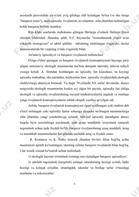o'lib, barqaror rivojlanishning uzoq muddatli, keng va murakkab muammolarini hal qilishda unchalik aniq va foydali emas. r. kostanza va k. folke ierarxik jihatdan bir-biri bilan bog'liq uchta muammoni ajratib ko'rsatishgan, ularning echimi barqaror rivojlanish bilan bog'liq. ular texnik xizmat ko'rsatish uchun tushishadi: 1) ekologik hayotni ta'minlash tizimiga mos keladigan barqaror iqtisodiyot; 2) adolatli taqsimlash (tarqatish) nafaqat odamlarning hozirgi avlodi, balki hozirgi va kelajak avlodlar, shuningdek odamlar va boshqa turlar o'rtasidagi manbalar va imkoniyatlar; 3) samarali tarqatish (ajratish) tabiiy kapitalni etarlicha hisobga oladigan o'z vaqtida resurslar. an'anaviy iqtisodiy fan vakillarining aksariyati tarqatish muammosini iqtisodiy usullar bilan emas, balki siyosiy yo'l bilan hal qilish kerak, deb hisoblashadi. masshtab muammosi hatto muhim deb hisoblanmadi, chunki resurslar va texnologik o'zgarishlarni cheksiz almashtirish imkoniyati tan olindi. barcha tashqi xarajatlarni hisobga olish nuqtai nazaridan mukammal "bozor" mavjud bo'lsa ham, miqyos muammosi va tarqatish muammosini bozor mexanizmi doirasida hal qilib bo'lmaydi. aksincha, ushbu muammolarning echimi bozor tashqarisida …