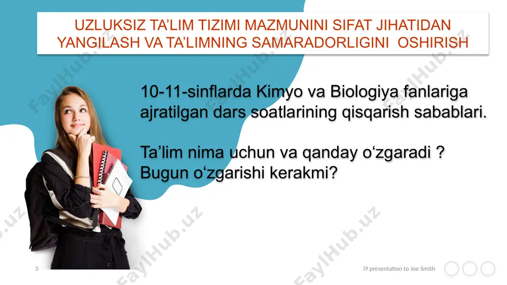 zatuvchisi emas, balki o‘quvchi bilan hamkorlik qiluvchi o‘quv jarayonining tashkilotchisi. zamonaviy o‘qituvchi kim? zamonaviy o‘qituvchi bo‘lishni qachondan boshlaymiz? i9 presentation to joe smith ‹#› o‘qituvchi rolini o‘zgartirish i9 presentation to joe smith ‹#› savollar printsip, mohiyatni tushunish hamkorlik ko'p ma'lumot: bir vaqtning o'zida turli kanallar orqali keladi savol javob kecha bugun ertaga javob savol javobga yo'l topishga yordam beradi, lekin tayyor javoblarni bermaydi o‘larga mavzu bo'yicha o'z savollarini shakllantirishga yordam beradi javoblar yodlash musobaqa ma'lumotlarning chiziqliligi: ketma -ketlikda paydo bo'ladi printsiplar qanday o‘rgatish kerak? i9 presentation to joe smith ‹#› o‘quv markazida – o‘quvchi ta'limda hissiyotlar muhim rol o‘ynaydi individual farqlar muhim ahamiyatga ega hamma uchun ulkan maqsadlar baholash o‘rganishga yordam beradi shaxsiylashtirish bola - kashfiyotchi bolaning tajribasi bilan bog‘liqligi talabalarning birgalikdagi ishlari o‘rganish uchun baholash mavzular bo‘yicha "katta g‘oyalar" qaysi biri majburiy? i9 presentation to joe smith ‹#› dars darsdan tashqari mashg‘ulot sinfdan tashqari mashg‘ulot maktabdan tashqari mashg‘ulot 24 …