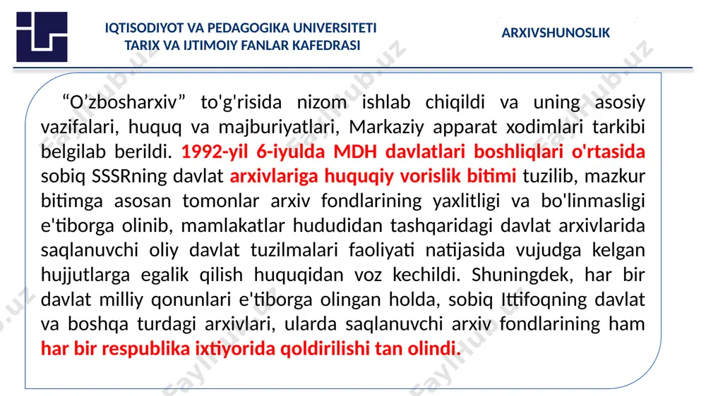 huningdek, 2023-yil 21-sentabrda samarqand shahrida tojikiston respublikasi hukumati huzuridagi arxiv bosh boshqarmasi bilan arxiv ishi va ish yuritish sohasida anglashuv memorandumi imzolandi. arxivshunoslik iqtisodiyot va pedagogika universiteti tarix va ijtimoiy fanlar kafedrasi bugungi kunda yuqorida keltirilgan tuzilmaga muvofiq umumiy 14 ta arxiv ishi hududiy boshqarmalari mavjud. bular 12 ta viloyat, 1 ta shаhar, 1 ta qoraqalpog'iston respublikasi arxiv ishi hududiy boshqarmalaridan iborat. hududiy arxiv ishi boshqarmasiga viloyat hokimi bilan kelishgan holda “o’zarxiv” agentligining bosh direktori tomonidan lavozimga tayinlanadigan va lavozimdan ozod qilinadigan boshliq rahbarlik qiladi. ( o'zbekiston respublikasi vazirlar mahkamasining 2004- yil 3 fevraldagi 49- son qarorining 6- bandiga muvofiq). boshqarma apparati xodimlarini, “o’zarxiv” agentligi bilan kelishilgan holda viloyat davlat arxivi direktorlarini, tegishli hokimlar bilan kelishgan holda shаhar va tuman davlat arxivi direktorlarini lavozimga tayinlaydi va lavozimdan ozod qiladi. arxivshunoslik iqtisodiyot va pedagogika universiteti tarix va ijtimoiy fanlar kafedrasi boshqarma huzurida ekspert-tekshiruv komissiyasi (etk) faoliyat ko'rsatadi. uning shaxsiy tarkibi va …