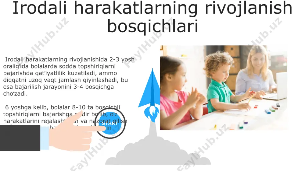 , mustaqil harakatlarni amalga oshirish va vazifalarni bajarish qobiliyatini rivojlantiradi, bu esa ijtimoiylashuv va mustaqil hayotga tayyorgarlik uchun asos yaratadi. irodali harakatlarning rivojlanishiga oilaviy muhitning ta'siri juda katta: ota-onalarning qo'llab-quvvatlashi va bolaning o'ziga ishonchini oshirishdagi roli taxminan 60-70% ni tashkil etadi. sabr-toqatni tarbiyalash sabr-toqatni tarbiyalashda 3-5 yoshli bolalarda o'yinlar orqali 20-30 daqiqalik mashg'ulotlarni muntazam o'tkazish samarali natijalar beradi, bu esa ularning diqqat-e'tiborini va toqatli bo'lish qobiliyatini rivojlantiradi. bolaning sabr-toqatli bo'lishini rivojlantirishda ota-onalar muloqot uslubini o'zgartirish, bolani tinglash va uning his-tuyg'ularini tushunish muhimdir; bu jarayon kamida 6 oy davom etishi kerak. 06 05 04 qiyinchiliklarni yengishga o'rgatish 01 02 qiyinchiliklarni engishga oʻrgatishda, 5-7 marta takrorlanadigan muvaffaqiyatsizlikdan soʻng, bolaning oʻziga boʻlgan ishonchini tiklashga yordam beradigan ijobiy kuchaytirish usullaridan foydalanish muhim. bolalarda 3-5 yosh oraligʻida muammo yechish koʻnikmalarini rivojlantirishda, oʻyinlar orqali 2-3 ta muammoli vaziyatlarni taklif qilish samarali boʻladi, bu ularning mustaqil hal qilish qobiliyatlarini oshiradi. e'tiboringiz uchun rahmat @taqdimot_robot image5.jpg image6.jpg image7.jpg …