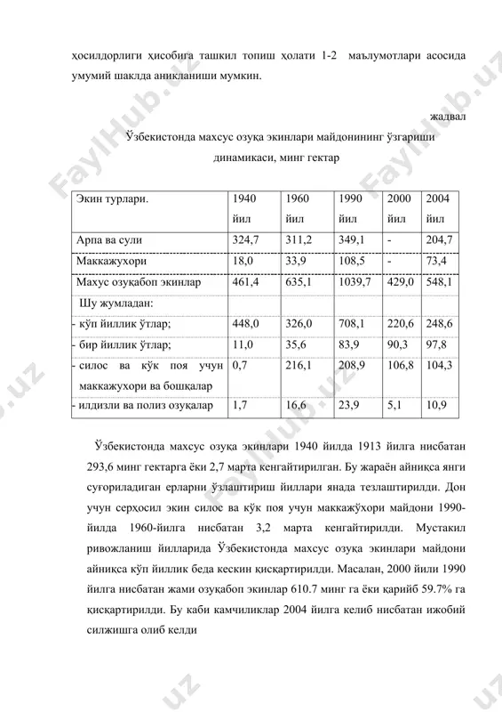 ва ҳайвонларининг озуқа бирлигига бўлган ўртача талаби меъёрлар бўйича таъминланмайди, зотдор ҳайвонларнинг маҳсулдорлик потенциалидан фойдаланиш коэффициентлари паст, ҳақиқий сарфланган озуқа бирлигига 2-3 марта кам сут, гўшт ва бошқа маҳсулотлар олинади ва уларнинг таннархи ем-хашак ва бошқа харажатлари ҳисобига кўтарилади ва ҳоказо. чорвачиликда озуқа ресусрларидан фойдаланиш иқтисодий самарадорлигини барқарор таъминлаш учун қуйидаги омиллар ва реал имкониятлардан тўлароқ фойдаланиш зарур: · барча турдаги зотдор чорва ҳайвонларини илмий асосланган рацион асосида мунтазам озиқлантиришни амалга ошириш, бинобарин, уларнинг маҳсулдорлик потенциалидан фойдаланиш коэффициентини ўртача 2 марта кўтариш; · озуқа ресурслари сифати ҳамда таркибини такомиллаштириш, уларнинг таннархини пасайтириш имкониятларидан тўлароқ фойдаланиш; · катта ҳажмли ва қисқа муддатларда сифат белгиларини пасайтирувчи озуқаларни чорва молларига яқин жойларда ишлаб чиқариш ва сақлаш, уларни ташиш ва тақсимлаш харажатларини камайтириш учун шароит яратиш; · озуқа ресурсларини кўпайтириш, уларни сифатини яхшилаш мақсадида соя, маккажўхори, кўп йиллик ва бир йиллик ўтларни майдонларини кенгайтириш ва уларни ҳосилдорлигини ошириш имкониятларидан тўлароқ фойдаланишга эришиш; · суғориладиган …