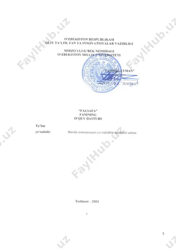 desktop/new%20sillabus%20qurilish%20moliya%20yo'nalish%202024.docx%23_toc173491919 file:///c:/users/umidjon/downloads/telegram%20desktop/new%20sillabus%20qurilish%20moliya%20yo'nalish%202024.docx%23_toc173491920 file:///c:/users/umidjon/downloads/telegram%20desktop/new%20sillabus%20qurilish%20moliya%20yo'nalish%202024.docx%23_toc173491921 file:///c:/users/umidjon/downloads/telegram%20desktop/new%20sillabus%20qurilish%20moliya%20yo'nalish%202024.docx%23_toc173491922 file:///c:/users/umidjon/downloads/telegram%20desktop/new%20sillabus%20qurilish%20moliya%20yo'nalish%202024.docx%23_toc173491923 file:///c:/users/umidjon/downloads/telegram%20desktop/new%20sillabus%20qurilish%20moliya%20yo'nalish%202024.docx%23_toc173491924 file:///c:/users/umidjon/downloads/telegram%20desktop/new%20sillabus%20qurilish%20moliya%20yo'nalish%202024.docx%23_toc173491925 file:///c:/users/umidjon/downloads/telegram%20desktop/new%20sillabus%20qurilish%20moliya%20yo'nalish%202024.docx%23_toc173491926 file:///c:/users/umidjon/downloads/telegram%20desktop/new%20sillabus%20qurilish%20moliya%20yo'nalish%202024.docx%23_toc173491927 18 falsafa. (fal1204) 1. fan tavsifi ushbu fan “falsafai” oliy professional bilim darajasini belgilovchi davlat ta'lim standartida talabalar dubyoqarashining umumlashgan tizimini yaratish va unda inson o‘rnini ko‘rsatish, insonning dunyoga bo‘lgan bilish, ijtimoiy-siyosiy,axloqiy,estetik va boshqa munosabatlarini shakllantirish hamda to‘g‘ri fikrlash mahoratini o‘rgatishdan iborat. “falsafa” fani insoniyat tarixidagi eng qadimiy ilmlardan biri boʻlib, u birinchi kursning ikkinchi semestrida oʻqitiladi. u olam va uning yashashi, rivojlanishi va taraqqiyoti, hayot va inson, umrning mohiyati, borliq va yoʻqliq, kabi koʻplab muammolar haqida bahs yuritadi. falsafa dunyoqarashning umumlashgan tizimini yaratish va unda inson oʻrnini koʻrsatishga qaratilgan fandir, u insonning dunyoga boʻlgan bilish, ijtimoiy-siyosiy, ahloqiy, diniy, estetik va boshqa munosabatlarini shakllantira
