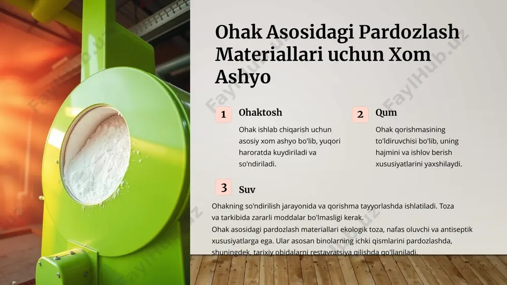 talabni oshirmoqda. pardozlash va issiqlik izolyatsiya materiallari sohasida istiqbollar va tendentsiyalar barqaror rivojlanish, ekologik tozalik va energiya samaradorligiga qaratilgan. ushbu sohada innovatsion texnologiyalarni qo'llash va yangi materiallar ishlab chiqarish orqali yanada yuqori sifatli va samarador mahsulotlar yaratish mumkin. 11 xulosa pardozlash va issiqlik izolatsiya materiallari turli xil tabiiy va sun’iy xom ashyolardan tayyorlanadi. pardozlash materiallari uchun asosan gips, ohak, akril, pigmentlar, yog‘och tolalari ishlatiladi. ular devor, shift va boshqa yuzalarni bezash va himoya qilishda qo‘llaniladi. issiqlik izolatsiya materiallari esa bazalt jinslari, polistirol, poliuretan kabi moddalardan tayyorlanadi. ular binolarni issiqdan saqlash, tovushni yutish va energiya tejamkorligini oshirish uchun ishlatiladi. 12 image2.png image3.png image4.png image5.png image6.png image7.png image8.png image9.png image10.png image11.png image12.png image13.png image14.png image15.png image16.png image1.jpg