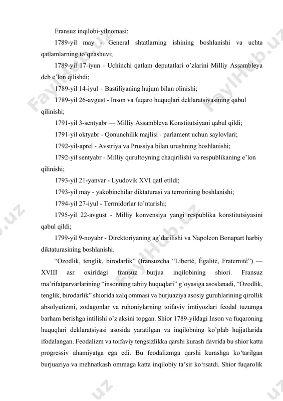 hamda tenglikni nazarda tutgan, lekin burjuaziya uchun muqaddas mulk huquqiga, demak, ijtimoiy tengsizlik va ekspluatatsiyaga tegmagan. ma’rifatparvarlik nafaqat bilimlarni tarqatish, balki ularni xristianlik e’tiqodiga qarshi qo’yadigan va o’z tarafdorlariga faqat odamlar tomonidan o’zlashtirilgan bilimlar ularning hayotini va butun jamiyat hayotini yaxshilashini targ’ib qiladi. ma’rifatparvarlar o’rta asrlarni “qorong’u” asrlar – ya’ni ma’rifatli emas, deb hisoblaydi. monteskye (montesquieu, 1689 - 1755), sharl lui de sekonda - eng konservativ ma’rifatparvardan biri(34-rasm). “qonunlar ruhi haqida”[footnoteref:1] (1748) asarida - turli xalqlar o’rtasidagi qonunlar va urf-odatlarning xilma-xilligini tushuntirishga urinadi. monteskye buni iqlim va xalqlar hayotining geografik sharoitlaridagi farq bilan bog’lagan: “issiq iqlim sharoitida odatda despotizm hukm suradi”. vijdon erkinligi himoyachisi, xudoga ishonish jamoat tartibini saqlash va axloqni saqlashning zaruriy sharti deb hisoblardi. [1: монтескье ш. о духе законов. url: https://www.civisbook.ru/files/file/monteskye_o%20dukhe.pdf (murojaat sanasi 10.01.2023) ] monteskye hokimiyat haqida. har bir zamonaviy davlat uchta hokimiyatga ega bo’lishi kerak: birinchisi - qonun chiqaruvchi hokimiyat; ikkinchisi - ijro etuvchi hokimiyat; …