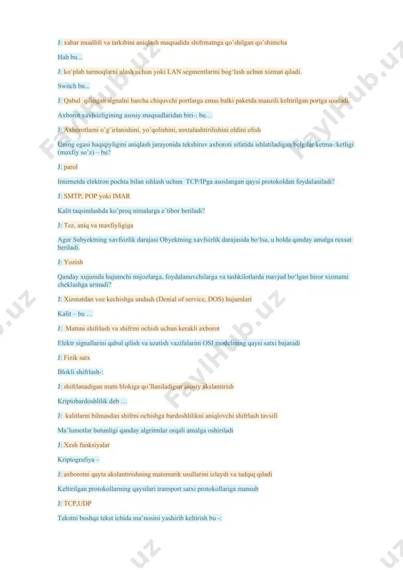 : smtp, pop yoki imar kalit taqsimlashda ko’proq nimalarga e`tibor beriladi? j: tez, aniq va maxfiyligiga agar subyektning xavfsizlik darajasi obyektning xavfsizlik darajasida bo‘lsa, u holda qanday amalga ruxsat beriladi. j: yozish qanday xujumda hujumchi mijozlarga, foydalanuvchilarga va tashkilotlarda mavjud bo‘lgan biror xizmatni cheklashga urinadi? j: xizmatdan voz kechishga undash (denial of service, dos) hujumlari kalit – bu … j: matnni shifrlash va shifrini ochish uchun kerakli axborot elektr signallarini qabul qilish va uzatish vazifalarini osi modelining qaysi satxi bajaradi j: fizik satx blokli shifrlash-: j: shifrlanadigan matn blokiga qo’llaniladigan asosiy akslantirish kriptobardoshlilik deb … j: kalitlarni bilmasdan shifrni ochishga bardoshlilikni aniqlovchi shifrlash tavsifi ma’lumotlar butunligi qanday algritmlar orqali amalga oshiriladi j: xesh funksiyalar kriptografiya – j: axborotni qayta akslantirishning matematik usullarini izlaydi va tadqiq qiladi keltirilgan protokollarning qaysilari transport satxi protokollariga mansub j: tcp,udp tekstni boshqa tekst ichida ma’nosini yashirib keltirish bu -: j: steganografiya yaxlitlikni buzilishi bu -: …