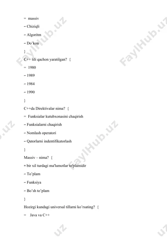 } c++ da massiv elementlari indeksi nechadan boshlanadi. { = c++ da massiv elementlari 0-indeksdan boshlanadi. ~ 222 sonidan boshlanadi ~ 5 dan boshlanadi ~ to’g’ri javob yo’q } int a[ ] = {2,7,2,10} massiv o’lchami nechaga teng? = massiv o’lchami n=4 ~ massiv o’lchami n=3 ~ massiv o’lchami n=2 ~ massiv o’lchami n=1 } massiv o’lchamini ko’rsatmasdan boshlang’ich qiymat o’zlashtirilgan javobni ko’rsating. { = double c[ ] = {19.2, 21.07, 10.2};// massiv o’lchami n=3 ~ double c[3 ] = {19.2, 21.07, 10.2};// massiv o’lchami n=3 ~ double c[ ] ~ double c[3] } massiv o’lchamini ko’rsatib, boshlang’ich qiymat o’zlashtirilgan (initsializatsiyalashtirilgan) javobni ko’rsating. { = int a[3] = {1,2,3}; ~ int a[] = {1,2,3}; ~ int ~ double } agar massiv o`lchamiga nisbatan qiymatlar ko`proq bo'lsa, unda kompilyatsiya paytida xatolik yuzaga keladigan massivni ko’rsating? { = int mas [4] = {1, 2, 3, 4, 5, 6};. ~ int mas [4] …