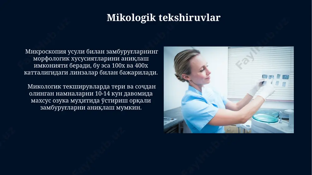 tromboz xavfini aniqlashga yordam beradi va davolash samaradorligini kuzatishga imkon beradi. taxminan 15-20 daqiqa ichida natijalar olinadi. genetik tekshiruvlar genetik tekshiruvlarning 50 dan ortiq turli xil usullari mavjud bo'lib, ular orasida pcr, fish va mikroarray texnologiyalari keng qo'llaniladi. ekzom ketma-ketligi (exome sequencing) taxminan 20 000 ta genni tahlil qilish imkonini berib, noyob genetik mutatsiyalarni aniqlashga yordam beradi. molekulyar diagnostika usullari molekulyar diagnostika, masalan, pcr (polymerase chain reaction) texnologiyasi yordamida, bir necha soat ichida yuqumli kasalliklarni, shu jumladan, viruslarni aniqlash imkonini beradi va diagnostika sezgirligini 1000 marta oshirishi mumkin. mikroarray texnologiyasi yordamida bir vaqtning o'zida 10.000 dan ortiq gen ifodasini o'rganish mumkin, bu esa saraton kasalliklarini erta aniqlash va prognozni yaxshilashda katta yordam beradi, natijalar 24 soat ichida tayyor bo'ladi. laboratoriya xavfsizligi va texnikasi kimyoviy moddalarni saqlash va ular bilan ishlashda 1:10 nisbatda suyultirilgan gidroksidi natriy eritmasidan foydalanish, xavfli chiqindilarni maxsus idishlarga yig'ish va ularni tegishli tartibda yo'q qilish zarur. bioxavfsizlik …
