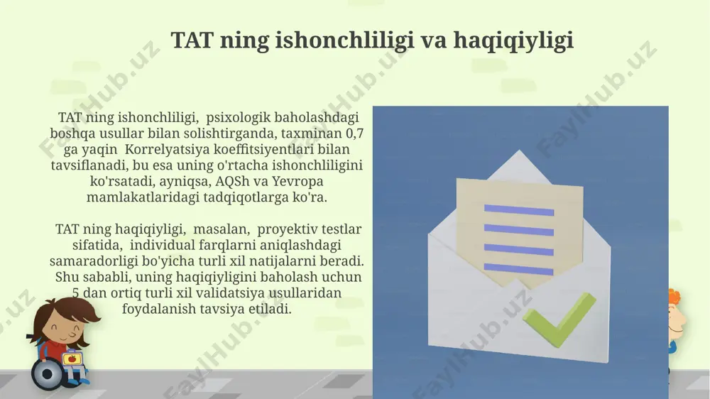 dqiqotda nashr etilgan. tat ning tarixi va rivojlanishi dastlabki tat rasmlar to'plami 30 ta kartadan iborat bo'lib, keyinchalik turli yosh guruhlari va madaniyatlarga moslashtirish maqsadida qo'shimcha rasmlar kiritilgan va modifikatsiyalangan. ikkinchi jahon urushi davrida tat aqsh armiyasi tomonidan psixologik baholashda qo'llanilib, amerika qo'shma shtatlari harbiy psixologiyasining rivojlanishiga sezilarli hissa qo'shgan. tat ning afzalliklari va kamchiliklari tat ning ishonchliligi va haqiqiyligi, ayniqsa, 5 yoshdan kichik bolalar yoki og'ir ruhiy kasalliklarga chalingan shaxslarga qo'llanilganda, shubha ostida qolishi mumkin, bu esa natijalarni noto'g'ri talqin qilish ehtimolini oshiradi va natijada, masalan, samarqanddagi tadqiqotlarda aniqlandi. tat ning afzalliklari, jumladan, 20 dan ortiq turli xil mavzulardagi rasmlarni o'z ichiga olishi, sub'ektning ichki dunyosi haqida boy ma'lumot berishi va psixologik tahlillar uchun keng imkoniyatlar ochishi, masalan, toshkentdagi klinikalarda keng qo'llanilishini o'z ichiga oladi. tat ning kelajagi va rivojlanish istiqbollari tatning istiqbollari, jumladan, 10 yil ichida, diagnostika va psixoterapiya jarayonlariga qo'shimcha vosita sifatida qo'llanilishi, shuningdek, shaxsning yashirin motivatsiyalarini …