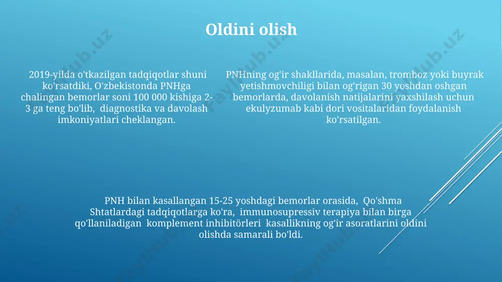 a aqshning milliy sogʻliqni saqlash institutlari tomonidan oʻtkazilgan klinik sinovlarda pnh davolashda yangi monoklonal antitelolarning samaradorligi 85% ga yetdi. e'tiboringiz uchun rahmat @taqdimot_robot