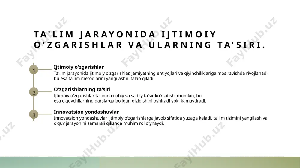 g ijodiy fikrlashini qo'llab-quvvatlashga yordam beradi, ta'lim sifatini oshiradi. kreativ yondashuv va ijtimoiy pedagogik faoliyat: o'zaro aloqalar. 1 kreativ yondashuv kreativ yondashuv ta'lim jarayonida o'quvchilarning qiziqishini oshiradi, o'z fikrlarini erkin ifoda etishlariga yordam beradi va ijodiy fikrlashni rivojlantiradi. 2 ijtimoiy pedagogika ijtimoiy pedagogika ta'lim jarayonida ijtimoiy muhit va qadriyatlarni inobatga oladi, o'quvchilarning ijtimoiy integratsiyasini ta'minlaydi va ularni jamiyatga moslashtiradi. 3 o'zaro aloqalar kreativ yondashuv va ijtimoiy pedagogik faoliyat o'rtasidagi o'zaro aloqalar o'quvchilarning ijtimoiy ko'nikmalarini mustahkamlashga va o'zaro hamkorlikni rivojlantirishga yordam beradi. 4 ta'limdagi innovatsiyalar ta'lim jarayonida kreativ yondashuvlar innovatsiyalarni joriy etish orqali o'quvchilarning bilimlarini kengaytiradi va yangi tajribalar orqali ularni rag'batlantiradi. ijtimoiy pedagogik faoliyatdagi madaniy-tarixiy omillar: rivojlanish va ta'sir. 1 madaniyat va tarbiya madaniyat ta'lim jarayonida muhim rol o'ynaydi, o'quvchilarga qadriyatlarni va an'analarni etkazish orqali ularning shaxsiy rivojlanishiga yordam beradi. 2 tarixiy kontekst tarixiy omillar ta'lim tizimining shakllanishida muhimdir, chunki ular milliy xususiyatlar, urf-odatlar va madaniy taraqqiyotga ta'sir qiladi. 3 …