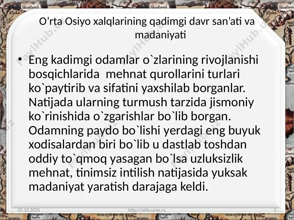 hon davlati tashkil etildi. bu davlatga o’rta osiyo hukmdori kutzula katfiz boshchilik qildi. uning ug’li katfiz ii esa bu davlat maydoning hindiston chegaralariga qadar etkazdi. kanishka podsholik qilgan yillarda esa kushon davlati o’zining gullagan davrini boshdan kechirdi. kushonlar davrida o’rta osiyoda buddizm dini keng tarqaldi. kushon hukmdorlari o’z saltanatlarini mustahkamlash uchun bu dindan foydalandilar. uni omma orasiga singdirishga harakat qildilar. xukmdorlariing bu intilishi shu davr san’at va madaniyatida ham o’z ifodasini topdi. buddizm bilan bog’liq bo’lgan ibodatxonalar vujudga keldi, haykallar yaratildi, devoriy suratlar ishlandi. kushonlar davri kushonlar davrida ijtimoiy hayotda sodir bo’lgan o’zgarishlar bizgacha etib kelgan tangalarda namoyon bo’ladi. bu tanga yuzalariga podsholar portreti zarblangan, orqa tomoniga xudolar tasviri tushurilgan. yozuvlar esa kushon baqtriya tilida, yozish uchun kushon harflari (grek alf. asosida yaratilgan) ishlatilgan. kushon davri san’atini bilishda xolchayonda {surxondaryo tum.) saqlanib qolgan bino qoldiqdari hamda tasviriy san’at va amaliy san’at namunalari muhim o’rinni egallaydi. xolchayon xolchayondagi binoni bezashda haykallar …