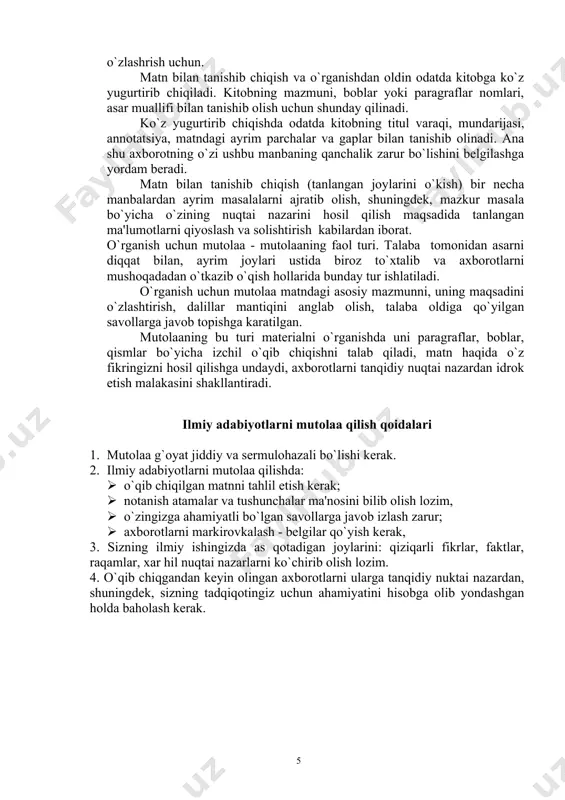 nar ekan, nazariy matеrialni o`zlashtirish, bilim bеrish faoliyatini rivojlantirish, amaliy ko`nikma va tajribalarni shakllantirish yo`li bilan o`zida bilimlar tizimini shakllantiradi. bunda o`quv adabiyoti asosiy bilim manbalaridan biri vazifasini bajaradi. o`quv darsligi bilan mustaqil ishlash jarayonida talaba turli xil fikrlash faoliyatini amalga oshirib, eng ahamiyatli ma'lumotlarni izlab topadi, solishtiradi, tasniflaydi va hakozo. shu tari?a unda o`ta muhim xususiyat – bilim olish faoliyatidagi musta?illik shakllanadi. talabaning o`quv adabiyoti bilan ishlashi matеrialni o`rganishning kеtma-kеtlikdagi harakatlaridan iborat emas. matеrialni o`rganish jarayonida talaba o`quv adabiyotining turli xil qismlari va bo`limlariga bir nеcha bor murojaat qilishga to`g`ri kеladi: · bo`lim yoki paragaf oxirida kеltirilgan, o`qituvchi bеrgan yoki uning o`zida ilgari o`qilganlarni fikrlash natijasida yuzaga kеlgan savollarga javob topish; · qonun va tamoyillarni ifodalash, formula va tushunchalarni aniqlash; · matn va uning ayrim qismlarini, uning mohiyati va asosiy mazmunini yaxshiroq tushunish uchun qayta o`qib chiqish; · qonun va hodisalarning amaliy qo`llanishini ajratib ko`rsatish, aniqlangan dalil va misollarni …