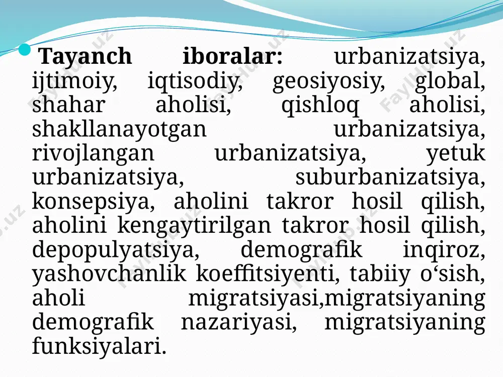 qdan ко‘chib kelgan past daromadli aholi uy- joylarining zichlashib borishi ko‘rinishida kechadi. hozirda osiyo va afrikadagi qator rivojlanayotgan mamlakatlar urbanizatsiyaning ana shu bosqichini kechirmoqdalar. 2. rivojlangan urbanizatsiya bosqichi “millioner” shaharlarning yuqori sur’atlar bilan o‘sishi hamda yirik shaharlar atrofida aglome- ratsiyalarning vujudga kelishi bilan tavsiflanadi. shaharliklarning jami aholidagi ulushi 50 % dan ortib ketadi, yangi shaharlar deyarli vujudga kelmaydi, mavjud shaharlar esa, ayniqsa, yiriklari tez rivojlanadi, shahar manzilgohlarining tizimlari shakllanib boradi. urbanizatsiyaning bu bosqichi sharqiy yevropa, mdh davlatlari, lotin amerikasi, shimoliy afrika, janubi-g‘arbiy osiyo, okeaniyadagi ko‘p mamlakatlarga xos. 3. yetuk urbanizatsiya bosqichi yevropaning eng rivojlangan davlatlari, aqsh, kanada, avstraliya, yaponiya, isroilda kuzatilmoqda. bunda aholi yirik shaharlarning markazlaridan asta- sekin shahar atrofiga ko‘chib boradi, lekin shaharda ishlash, o‘qish, turli faoliyat yuritishni davom ettiradi. natijada shaharlar markazlari, asosan, tadbirkorlik, bank-moliya sektori, boshqaruv sohalarining rivojlanish maskanlariga aylanib, aholi yashash massivlari esa tobora markazdan uzoqlab o‘tib boraveradi. bunday ijtimoiy-geografik jarayon suburbanizatsiya deb ataladi. transport va …